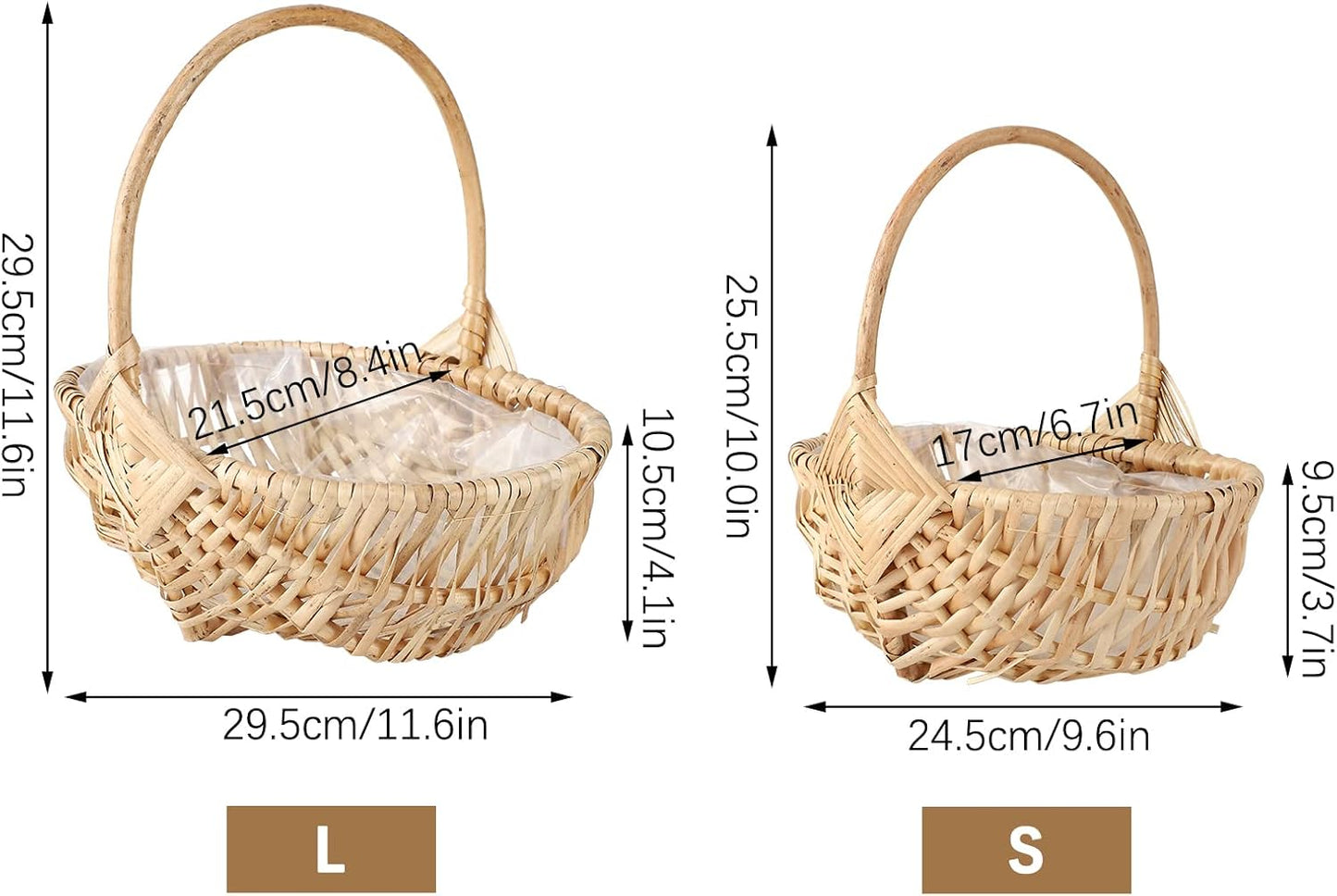 DULRLLY 2 Pcs Handwoven Flower Basket with Handle, Willow Storage Basket Empty Wicker Picnic Basket with Plastic Insert, Easter Basket Wedding Flower Girl Baskets for Home Party Decor (S)
