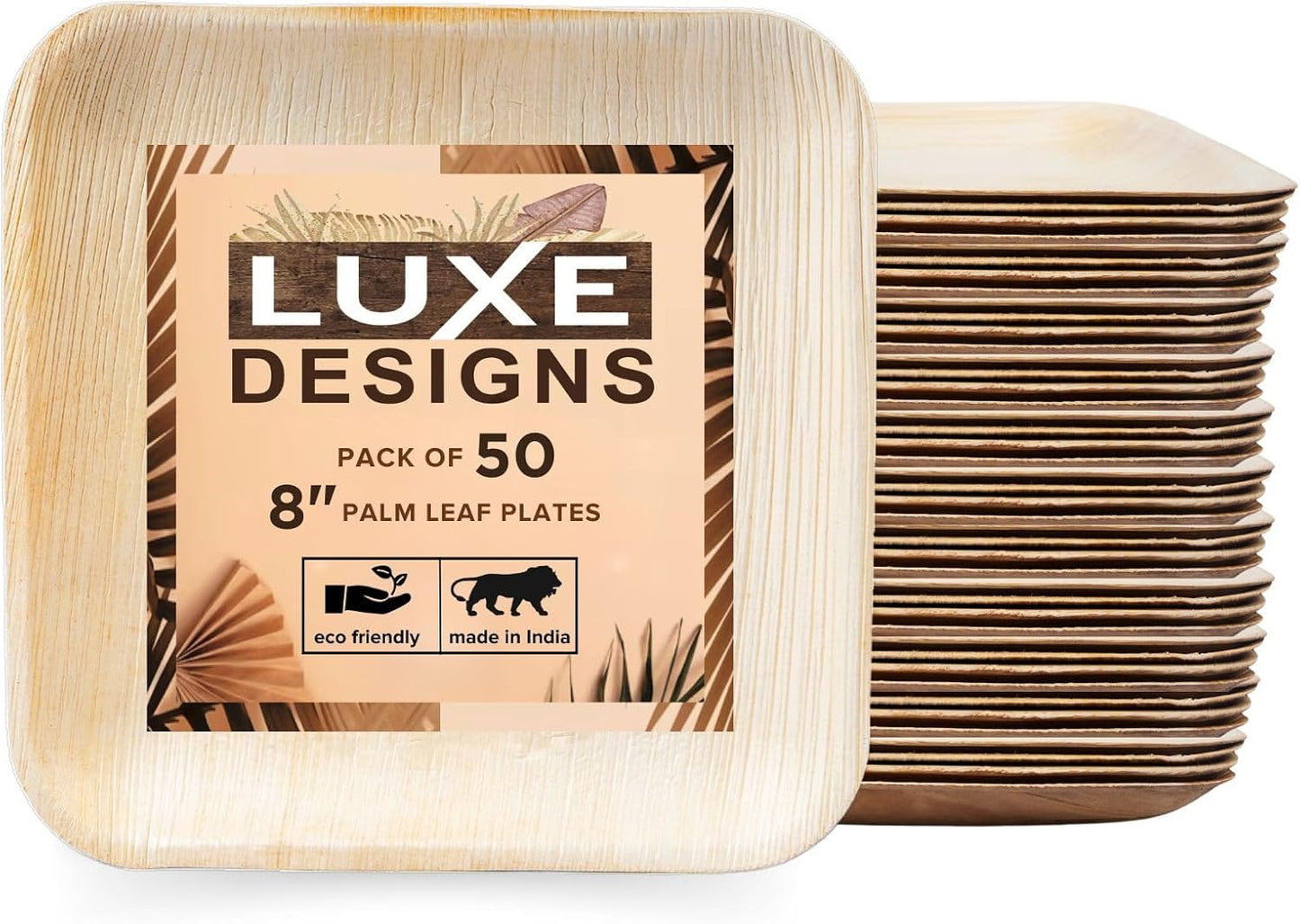 Luxe Designs Palm Leaf Plate - Eco-Friendly Disposable Dinnerware - Heavy-Duty Compostable & Biodegradable - Microwave & Oven Safe - 8" Set of 50