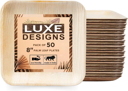 Luxe Designs Palm Leaf Plate - Eco-Friendly Disposable Dinnerware - Heavy-Duty Compostable & Biodegradable - Microwave & Oven Safe - 8" Set of 50