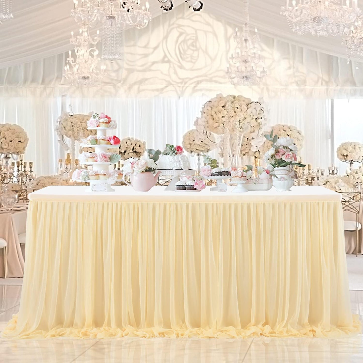 9ft Champagne Table Skirt for Weddings Table Cloth Elegant Tutu Table Skirt Cover for Birthday Party Baby Shower Dessert Buffet Banquet Decorations