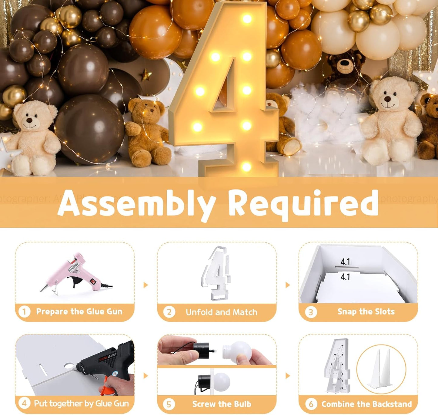 imprsv 3FT Marquee Numbers, Light Up Numbers for 4th 40th Birthday Decorations Anniversary Party Decor, Number 4 Light Up Number, Pre-Cut Foam Board Kit