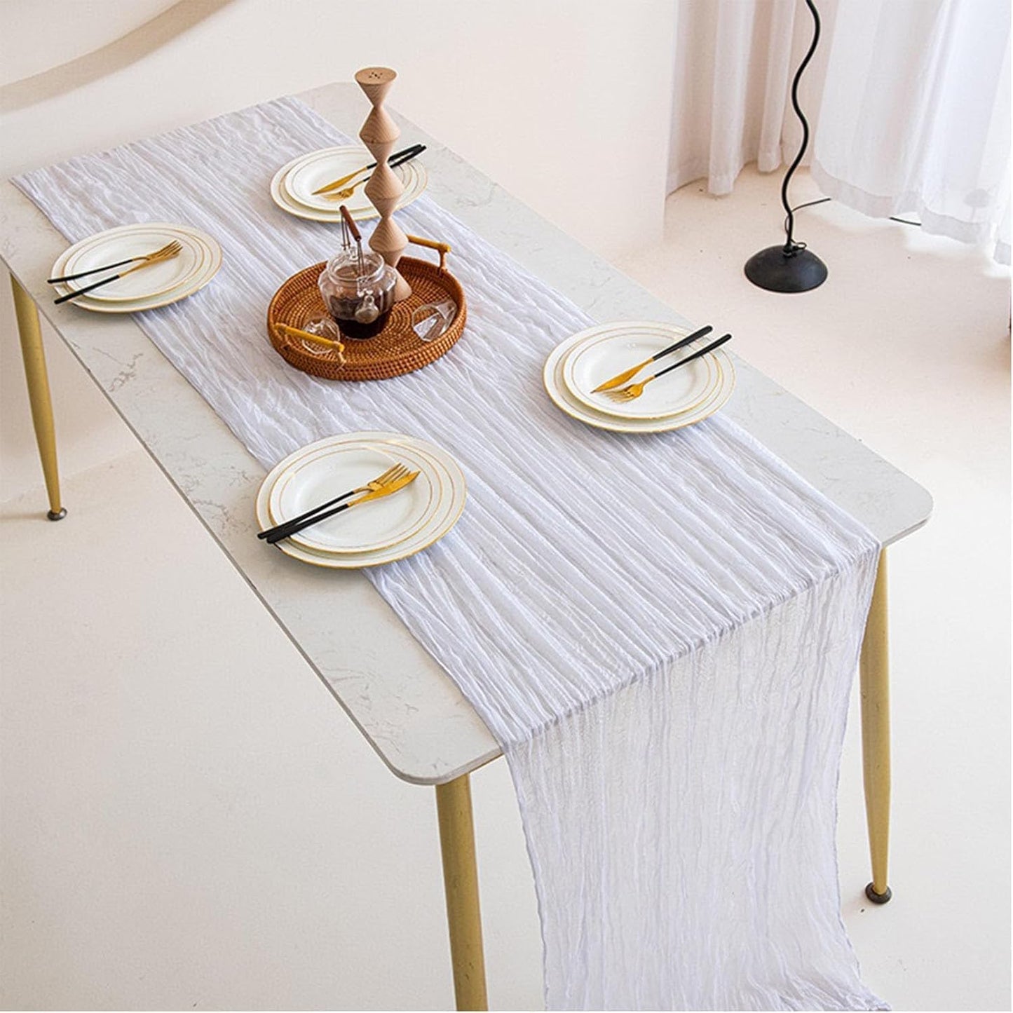 6 Pack White Cheesecloth Table Runner 21x120 Inch Boho Wrinkled Sheer Romantic Gauze Decor for Wedding, Bridal Shower, Birthday Party