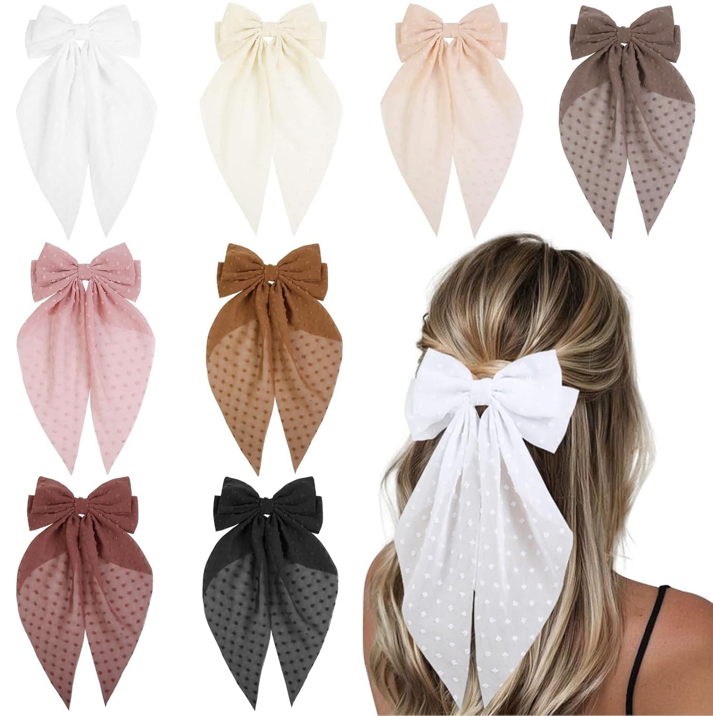 Tobeffect Hair Bow for Women Clips Bulk, Big Ribbon Bows with Long Tail, Oversized Bow Hair Accessories 8PCS
