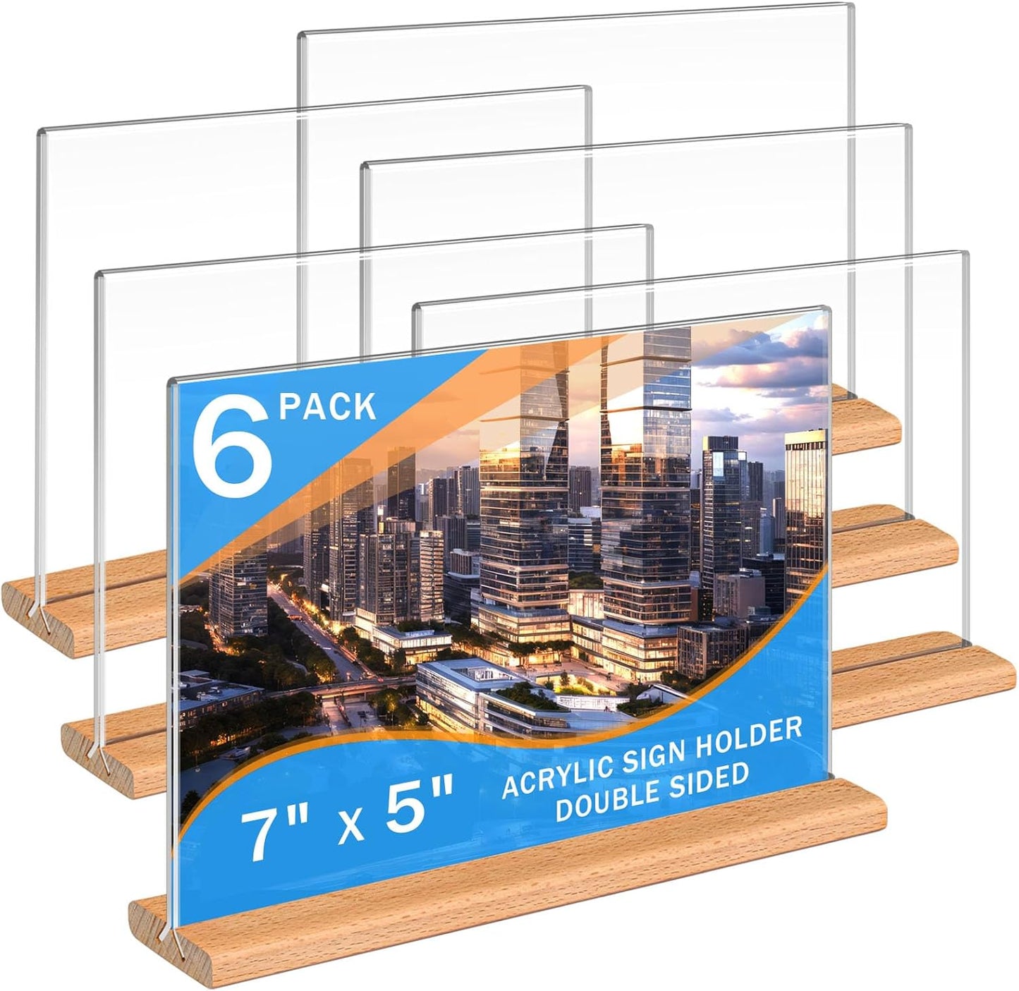 Kersally Acrylic Sign Holder 7 x 5'',6 Pack Double-Sided Clear Table Display Stands with Wood Base,Horizontal Acrylic Frame Menu Flyer Paper Holder for Store, Restaurant, Hotel, Office, Show Fair