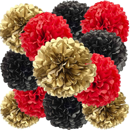 We Moment Black,Red and Gold Paper Pom Poms Decorations for Wedding Birthday Party Decoration Ceiling Wall Hanging Tissue Flowers Decorations 12pcs,3 Colors of 12 Inch, 10 Inch
