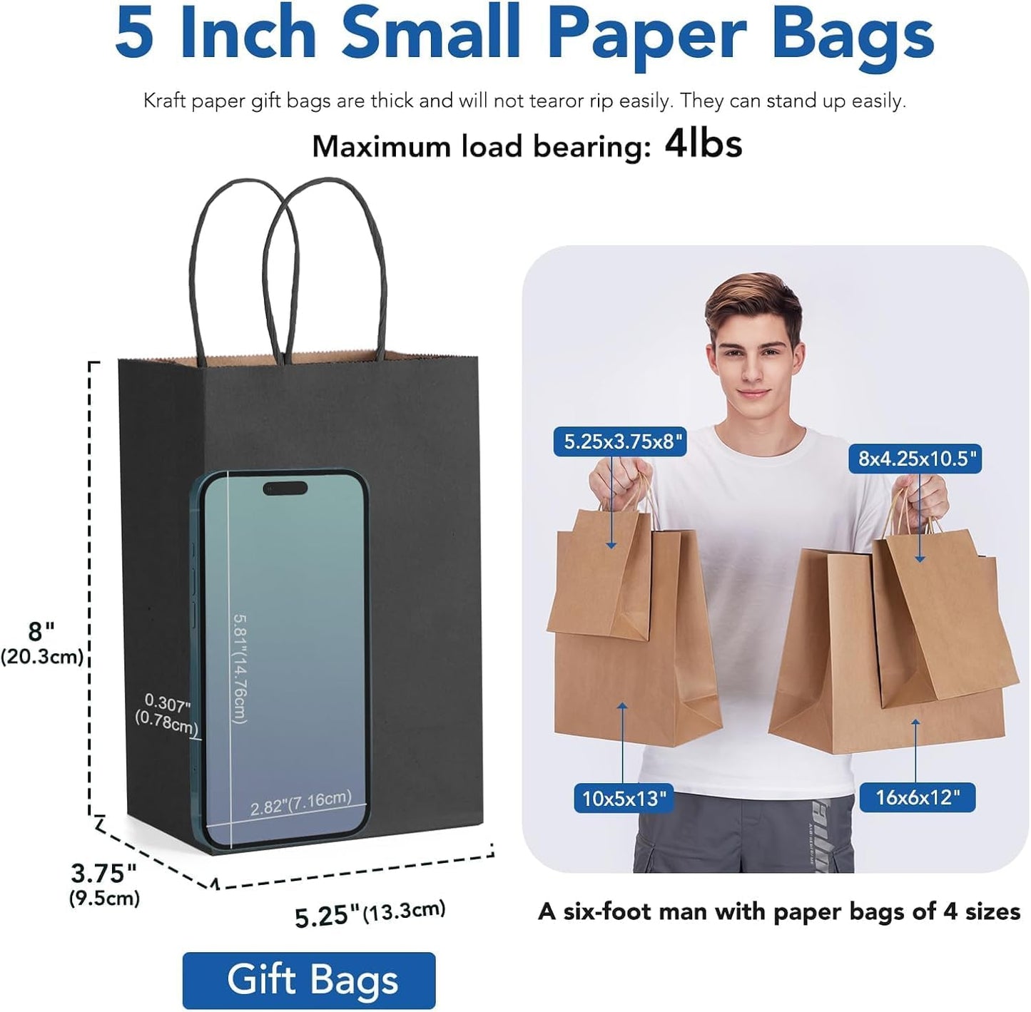 GSSUSA 200 Pack Black Paper Gift Bags 5.25x3.75x8'', Black Kraft Bags with Handles Bulk for Shopping, Craft, Grocery, Party, Retail, Lunch, Business, Wedding, Merchandise, Boutique