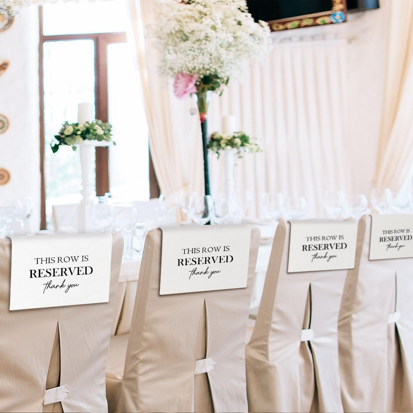 Reserved Seating Chair Signs, This Row Is Reserved Pew Cloths Seating Placeholder for Church Pews, Wedding Decorations for Reception Parties Celebrations Event Meetings (8 PCS, White)