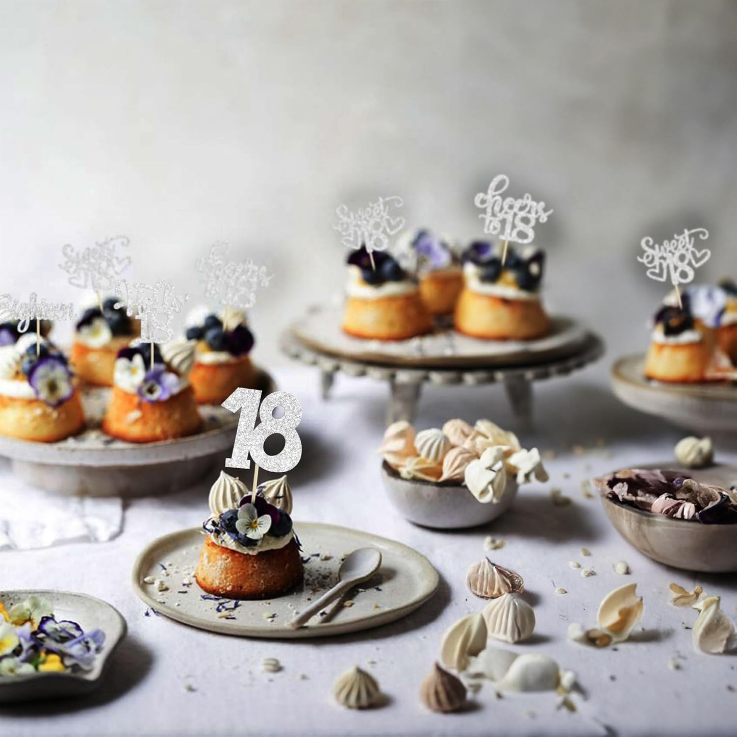 30Pcs18th Birthday Cupcake Toppers Eighteen Happy 18th Cupcake Picks Sweet 18 Cheers to 18 Cake Decorations for 18th Birthday Anniversary Party Supplies Silver Glitter