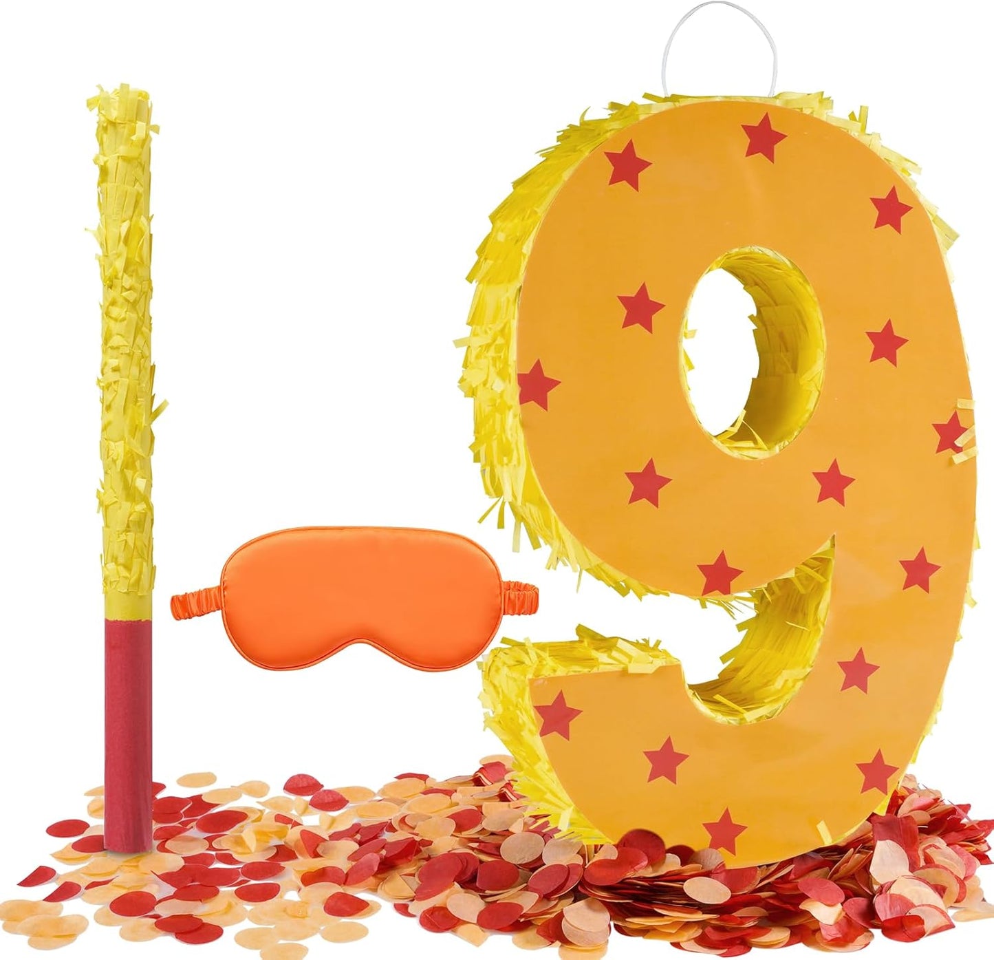 Orange and Red Star Number 9 Pinata, 16 Inch Piñata for 9th Birthday Party Decorations with Stick, Blindfold and Confetti (15.7 inch Number 9 Pinata)