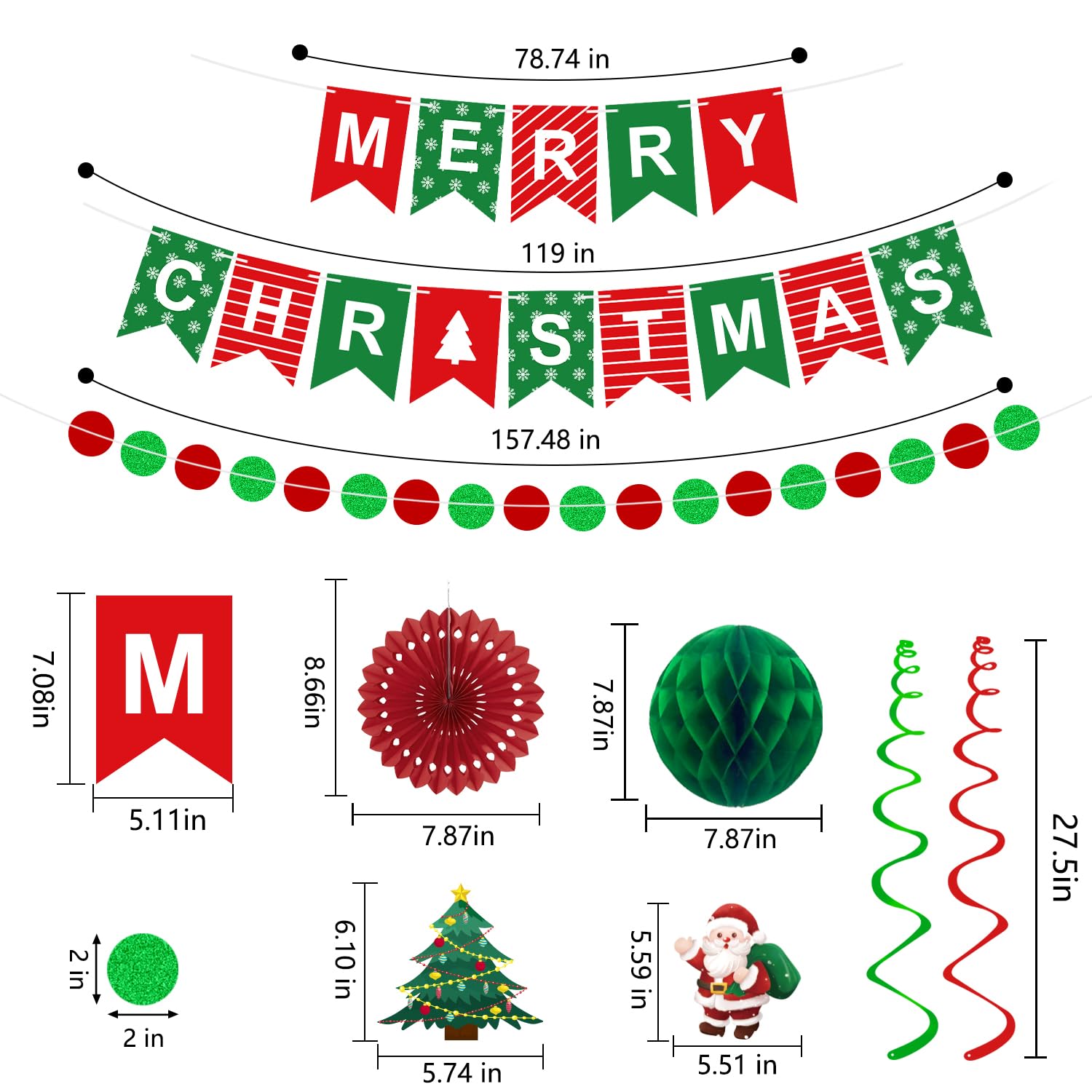 25pcs Christmas Party Decorations Merry Christmas Banner Paper Fan Garlands String Circle Dot