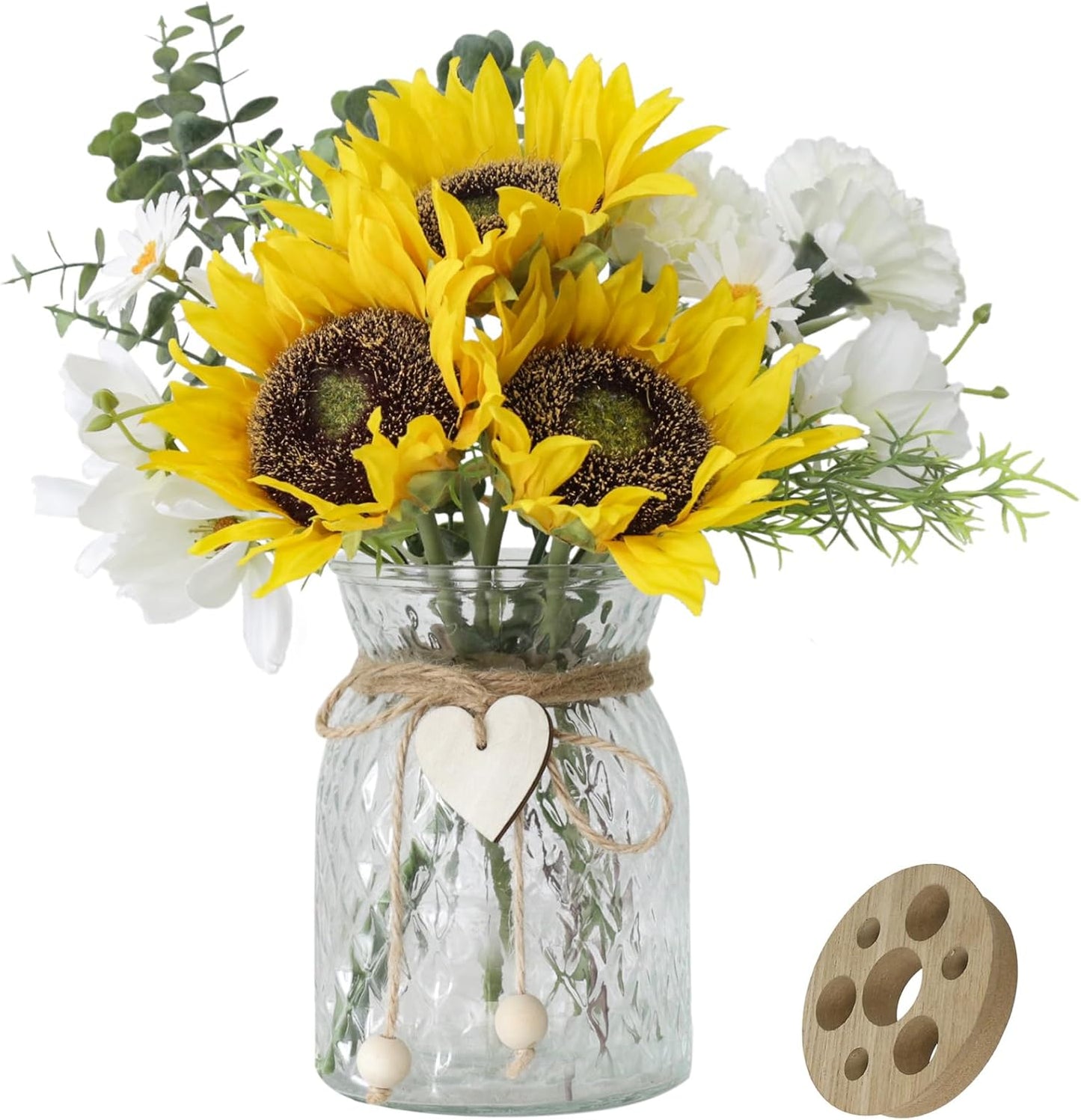 Artificial Sunflower Bouquets in Vase with a Flower Arrangement Holder - Centerpieces for Dining Room & Coffee Table Decor