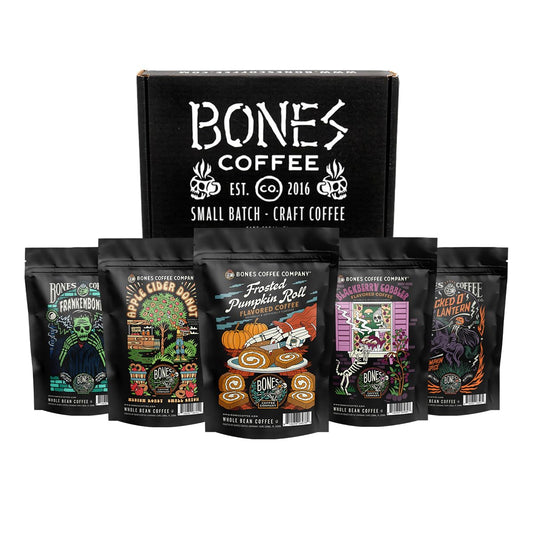 Bones Coffee Company Fall Favorites Pack, 5 Assorted Flavored Coffee Low Acid Medium Roast Arabica Beans Specialty Coffee Gifts, Auto Drip and French Press Compatible, 4 oz Pack of 5 Whole Bean