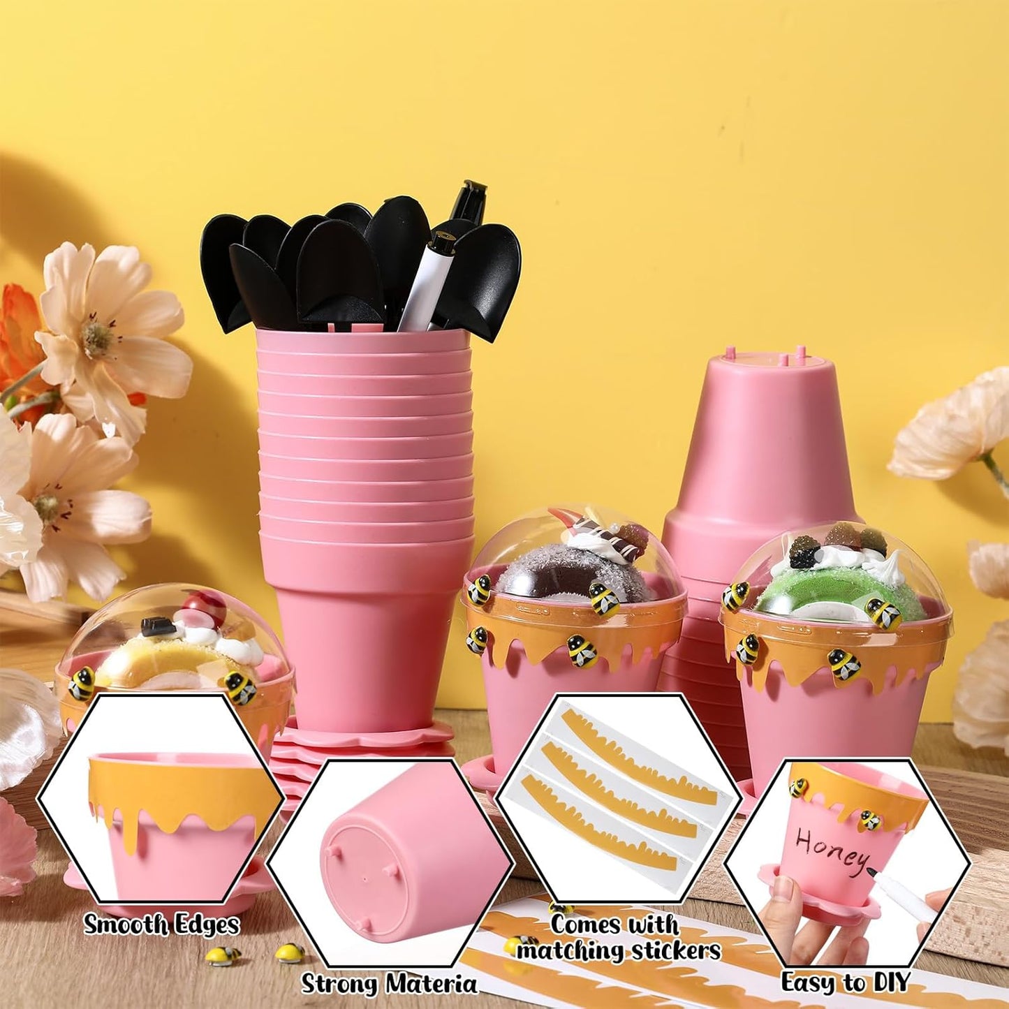 30 Sets Mini Honey Bee Pots with Lids, Spoon, Saucers and Bee Charms, 6.76 OZ Plastic Honey Jars for Cupcake Dessert Themed Party Favor Planter Baby Shower Birthday Wedding Decoration (Pink)