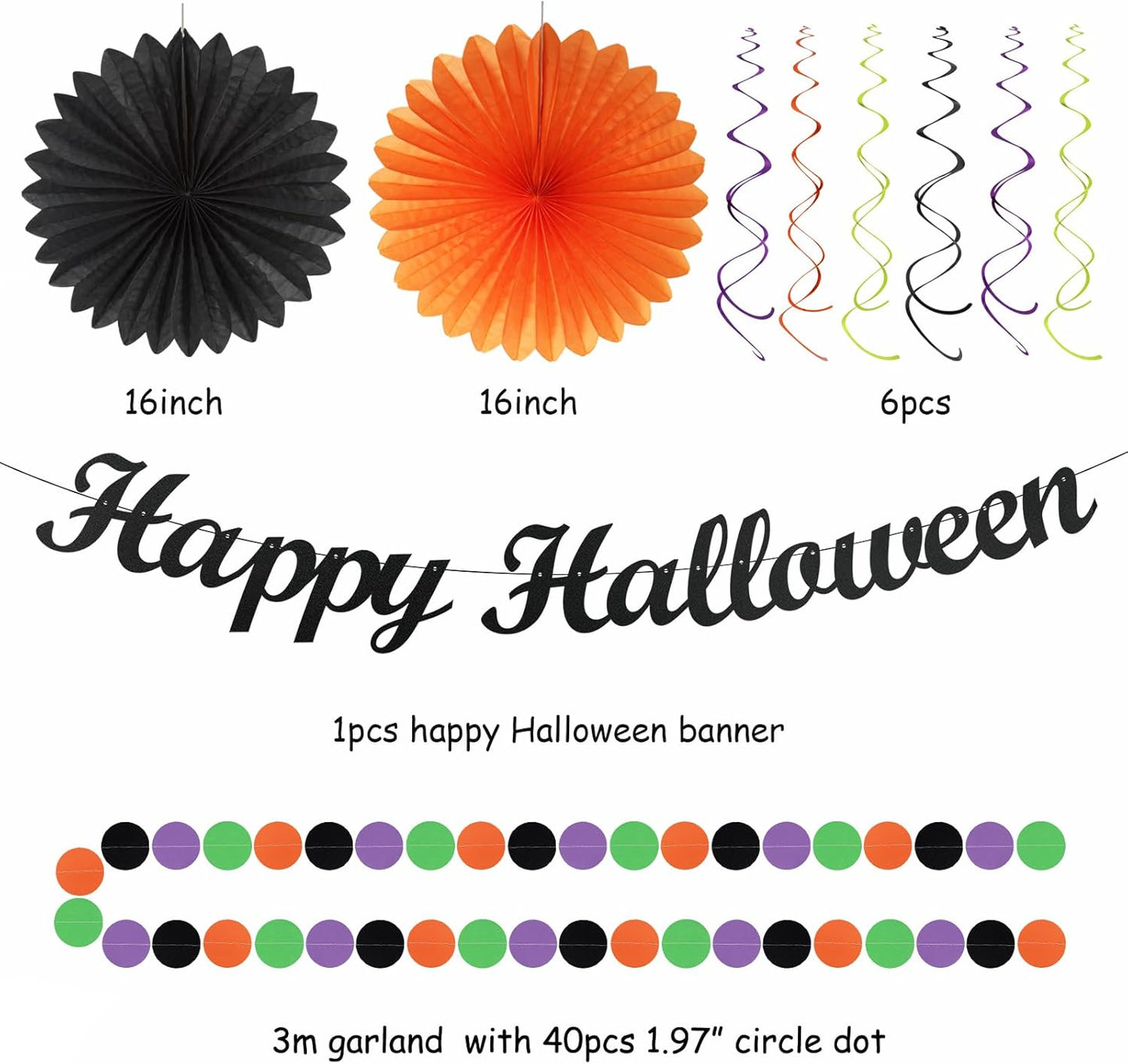 Black-Green Orange-Purple Happy-Halloween Party-Decorations - 21pcs Birthday Banner,Paper Lanterns Honeycomb,Tissue Pom Poms Flower Fan,Kids Classroom Hanging Streamers Garland Decor Supplies Huglony