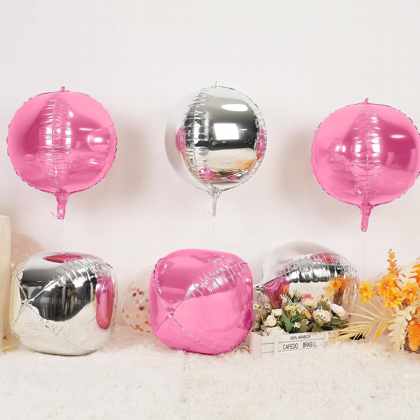 6Pcs Pink Silver Round Foil Balloons,Giant 4D Round Ball Balloon,22 Inch Metallic Pink Silver Balloons for Birthday Wedding Baby Shower Party Decorations