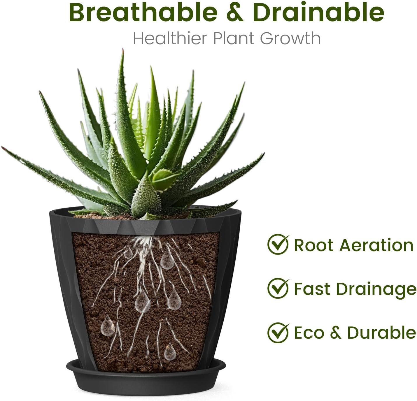 4 Inch Small Pots for Plants, 6 Pack Waffle Texture Small Plant Pots for Succulents, Plastic Planter with Drainage Holes and Saucers for Indoor Outdoor Plants, Flowers, Herbs, Seedlings,Black