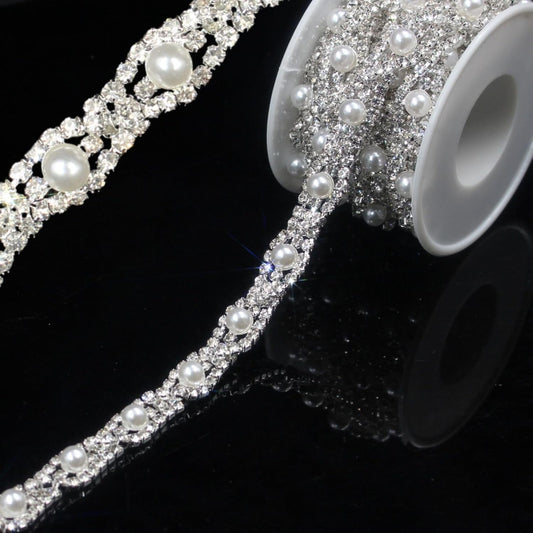 PEARLY JUN 1 Yard Pearl Rhinestone Trim Chain Silver Crystal Fringe Diamond Applique Ribbon String Tassel Strip for Sewing Wedding Dress Crafting Crafts Flower Embellishments