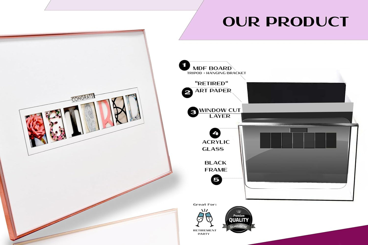 Framed Retirement Decorations Guest Book for Womens 12"x16" Rose Gold Frame - Window Cut Design - Including Gold Pen & Acrylic Glass - Retired Party Decor Gifts for Her