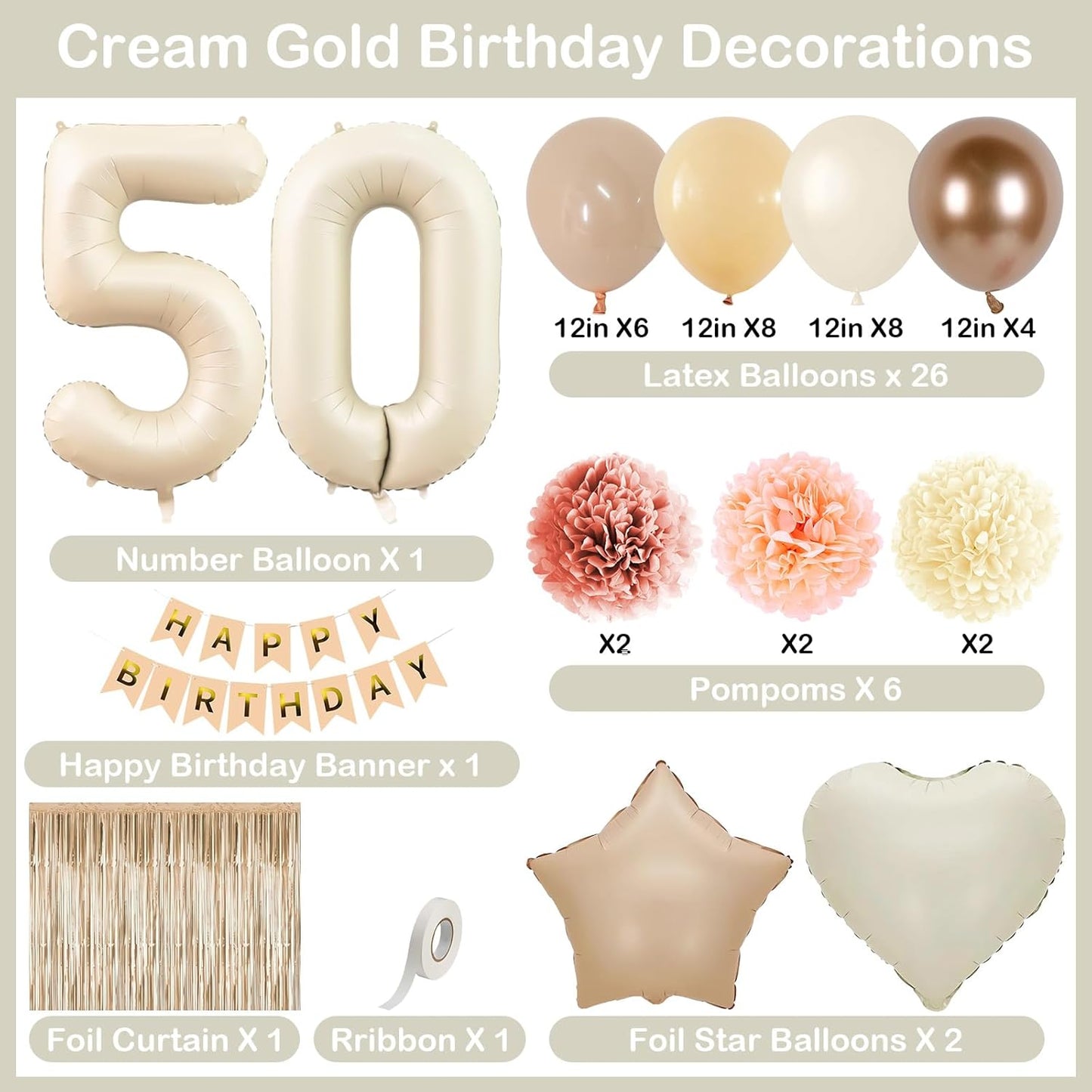 Beige 50th Birthday Decorations for Women Cream Number 50 Balloon Nude Gold Happy Birthday Banner Fringe Curtain Paper Pom Poms Blush White Sand Champagne Star Foil Balloons Neutral Boho Party Decor