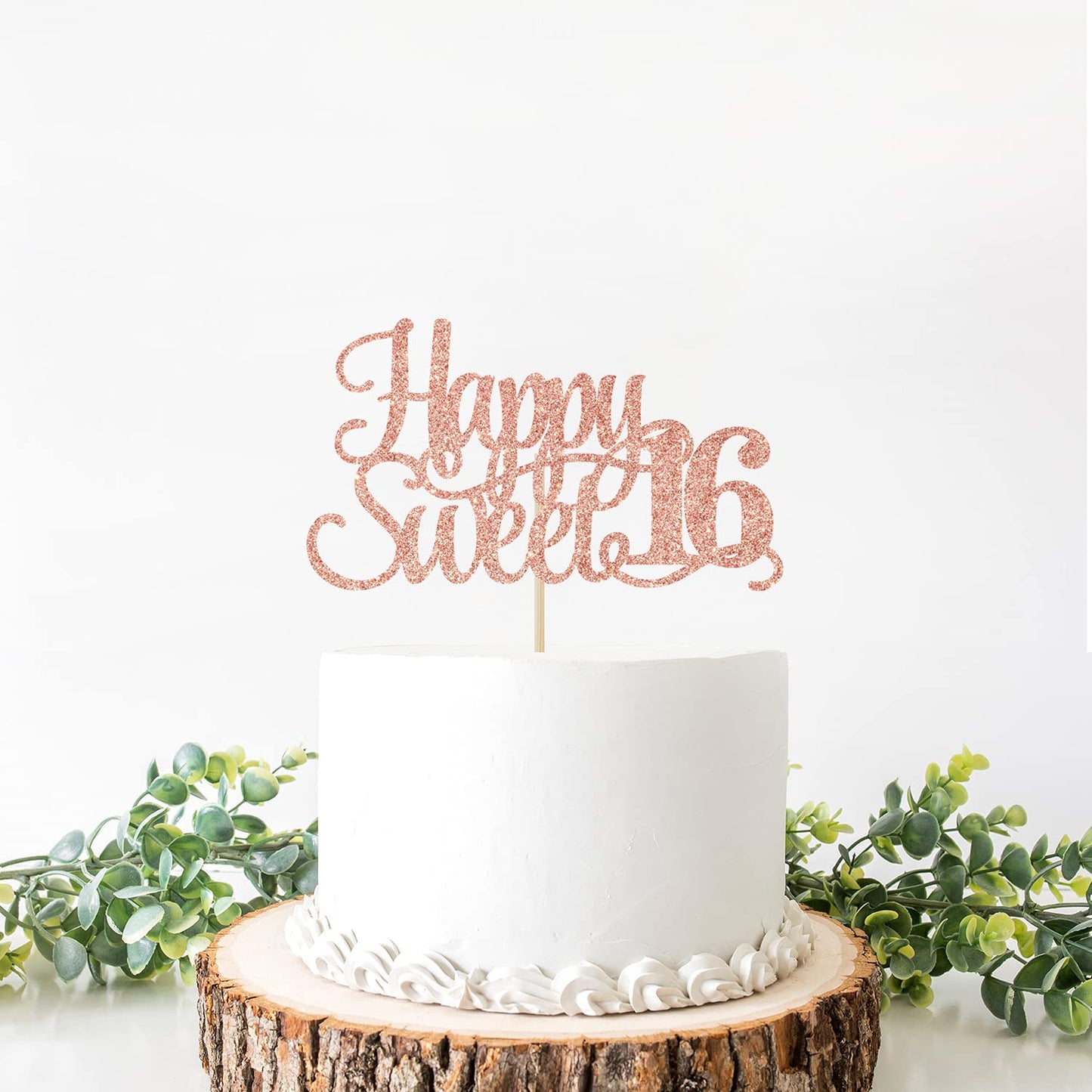 Rose Gold Glitter Happy Sweet 16 Cake Topper - Happy 16th Birthday Cake Decor - Hello 16, Cheers to