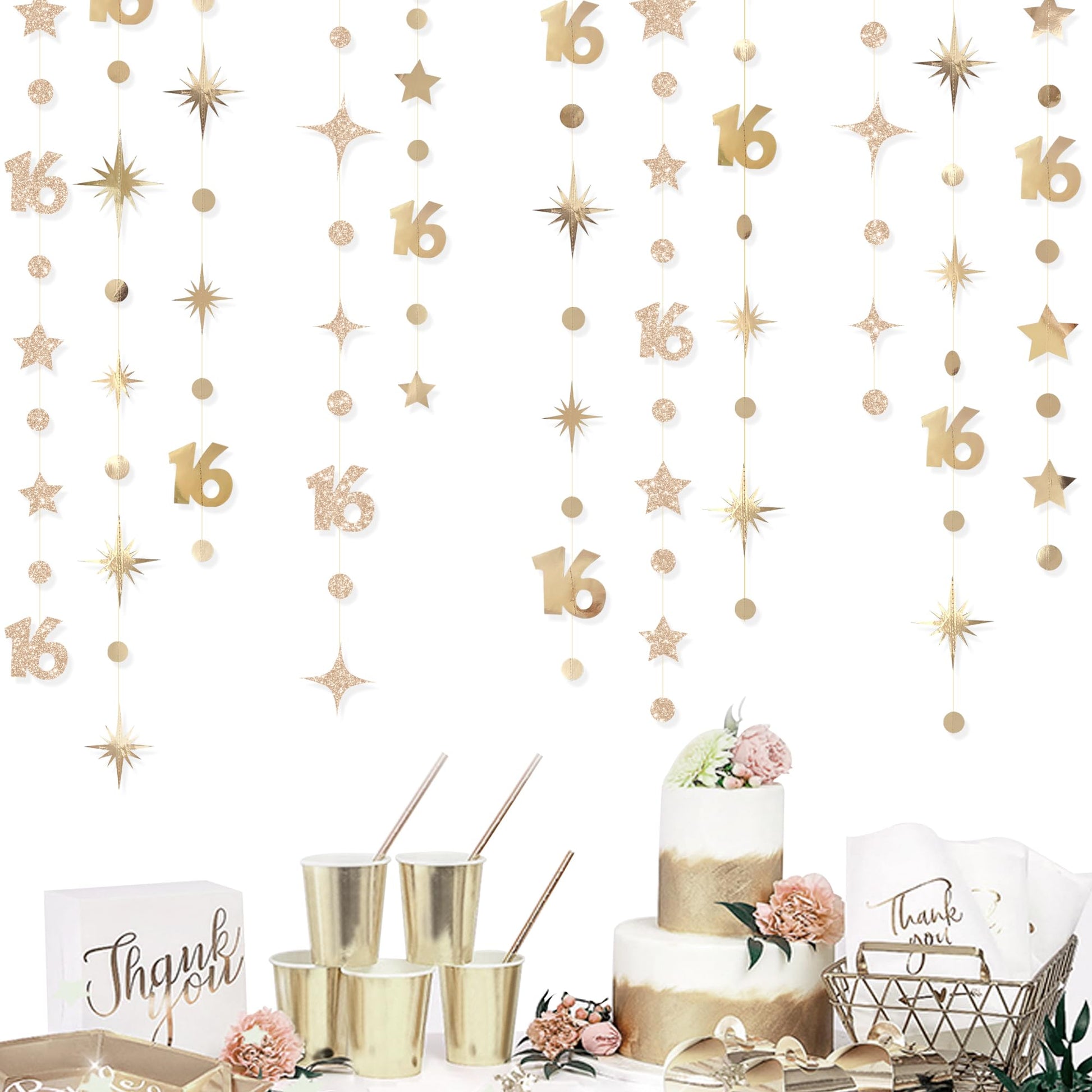 Champagne Gold Number 16 Circle Dot Twinkle Star Garland Streamer Bunting Banner Backdrop