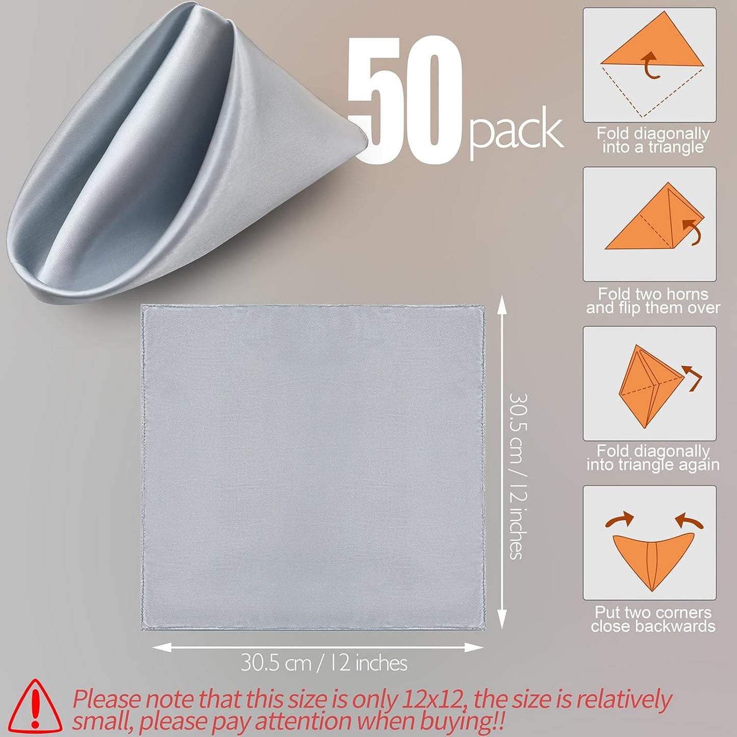 Manyshofu 50 Pieces Silver Satin Napkins - 12x12 Inches Cloth Napkins, Square Satin Fabric Napkin Set - Elegant & Smooth Table Napkins for Wedding Dinner Party Lunch Banquet Decoration