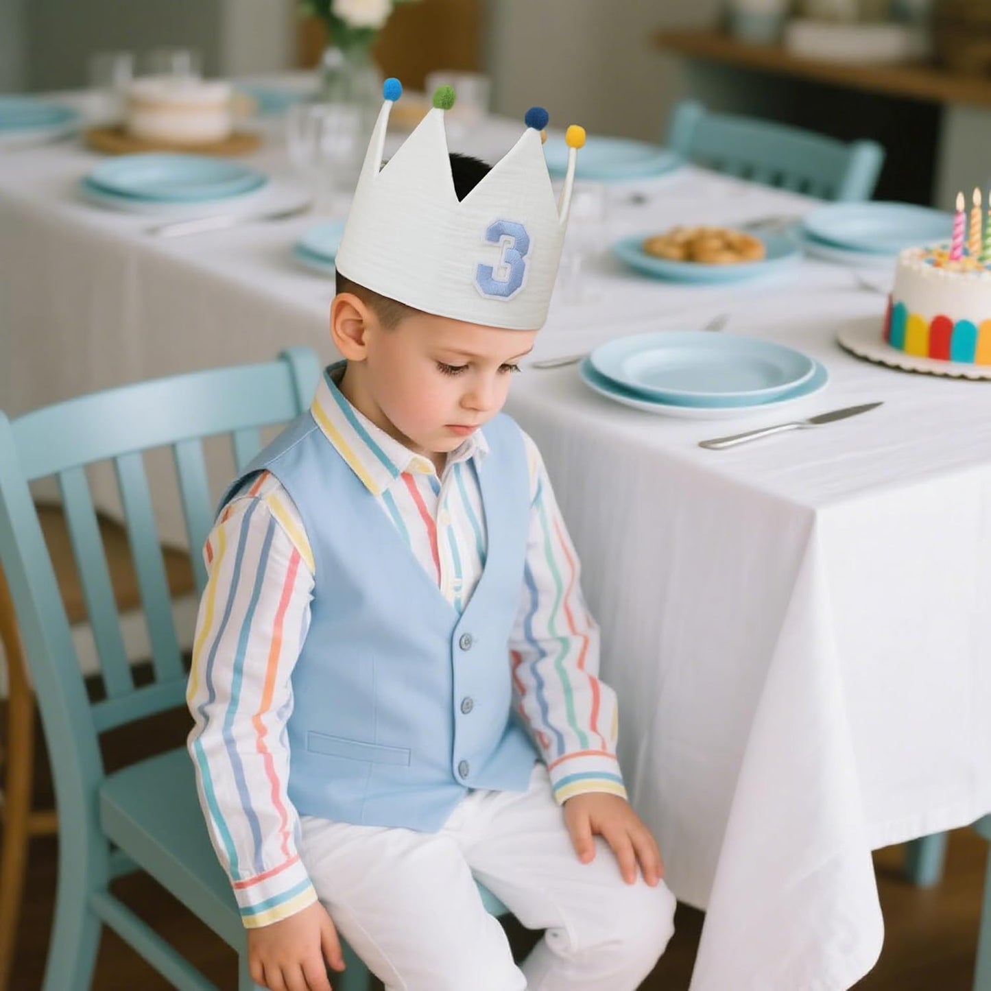 Muslin Crown Hat 1-3 Birthday For Baby Boy Girl Party Decoration Blue Pink Headband