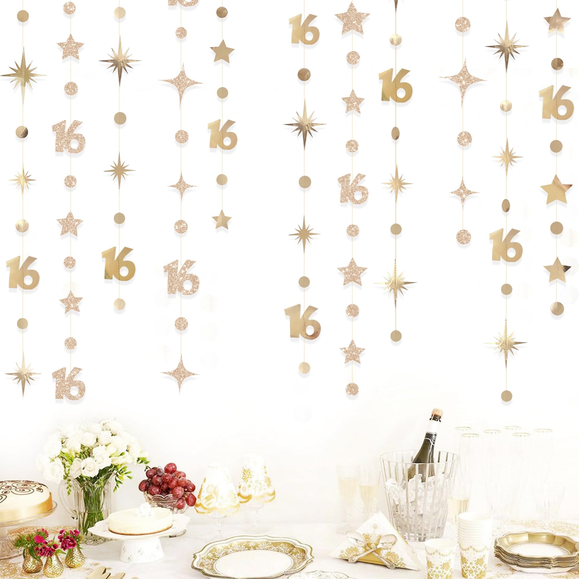 Champagne Gold Number 16 Circle Dot Twinkle Star Garland Streamer Bunting Banner Backdrop