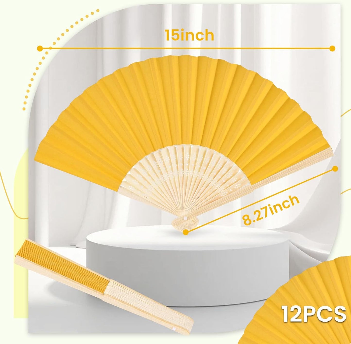 JOHOUSE 12 Pcs Foldable Hand Fan, 8.3 Inch Yellow Paper Fans for Lemon Party Decorations, Wedding, Baby Shower DIY Crafts Photography Props