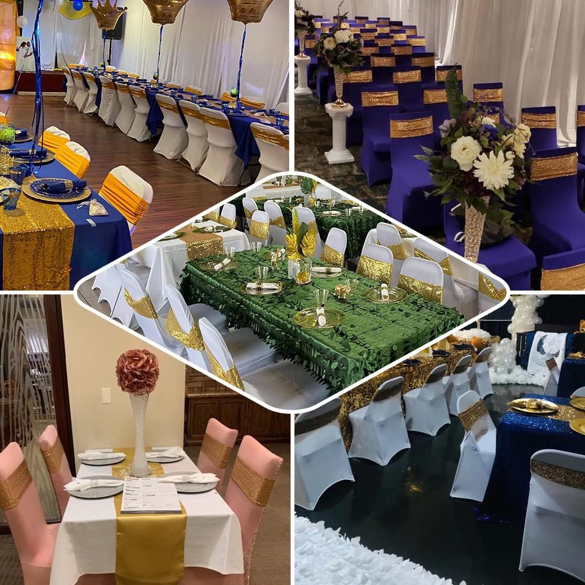 10 Pcs Chair Sashes Sequin Stretch Chair Bands Spandex Polyester Bows for Party Hotel Wedding Banquets Decoration -Silver