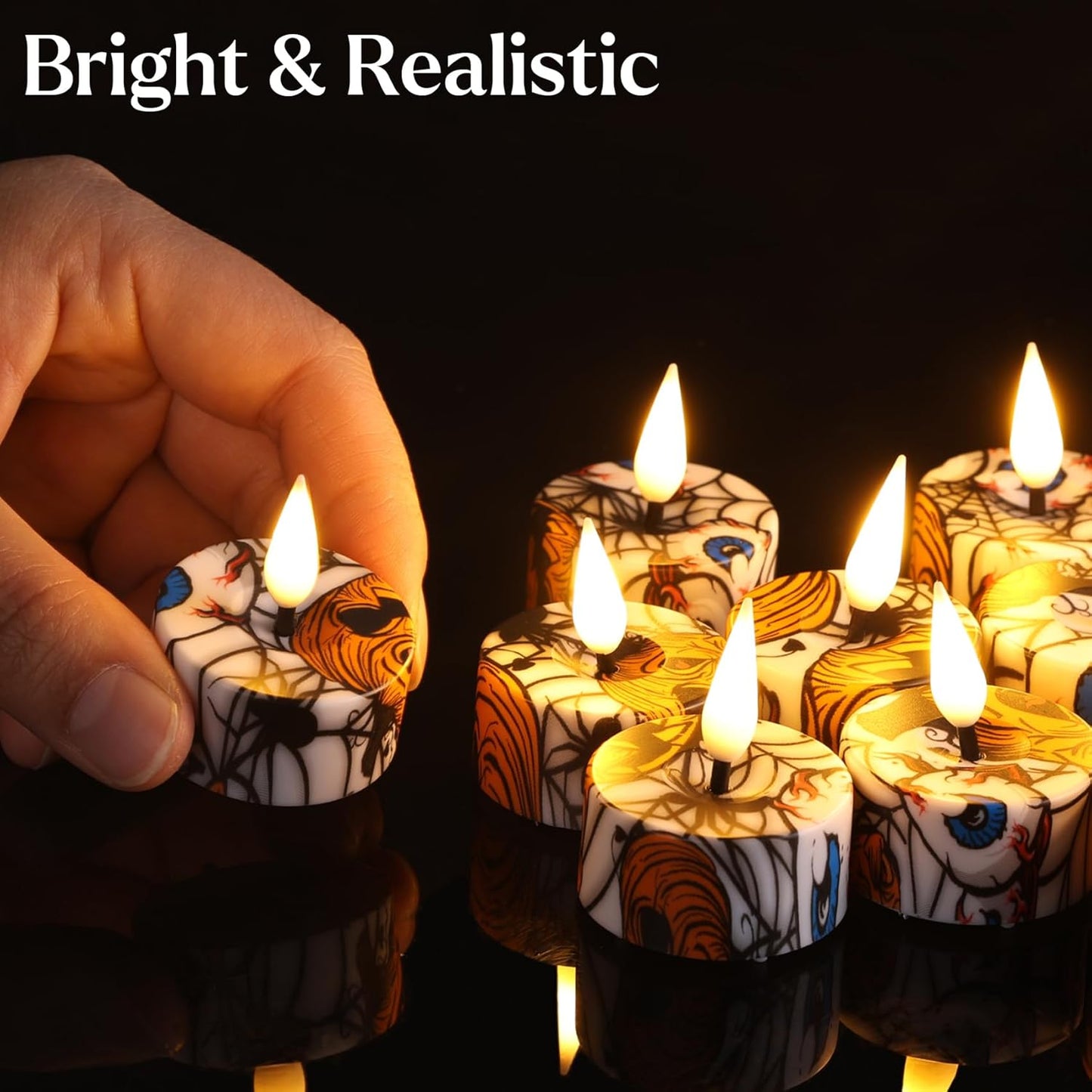 Eywamage Halloween Flameless Tealights with Remote, Spooky Spider Pumpkin Battery LED Tea Votive Candles Set of 12