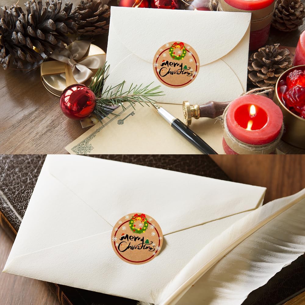 100-1000pcs Custom Stickers Merry Christmas Stickers Personalized Labels Adhesive Xmas Decorative Envelope Seals Stickers for Cards Gift Boxes (Round Kraft -5)