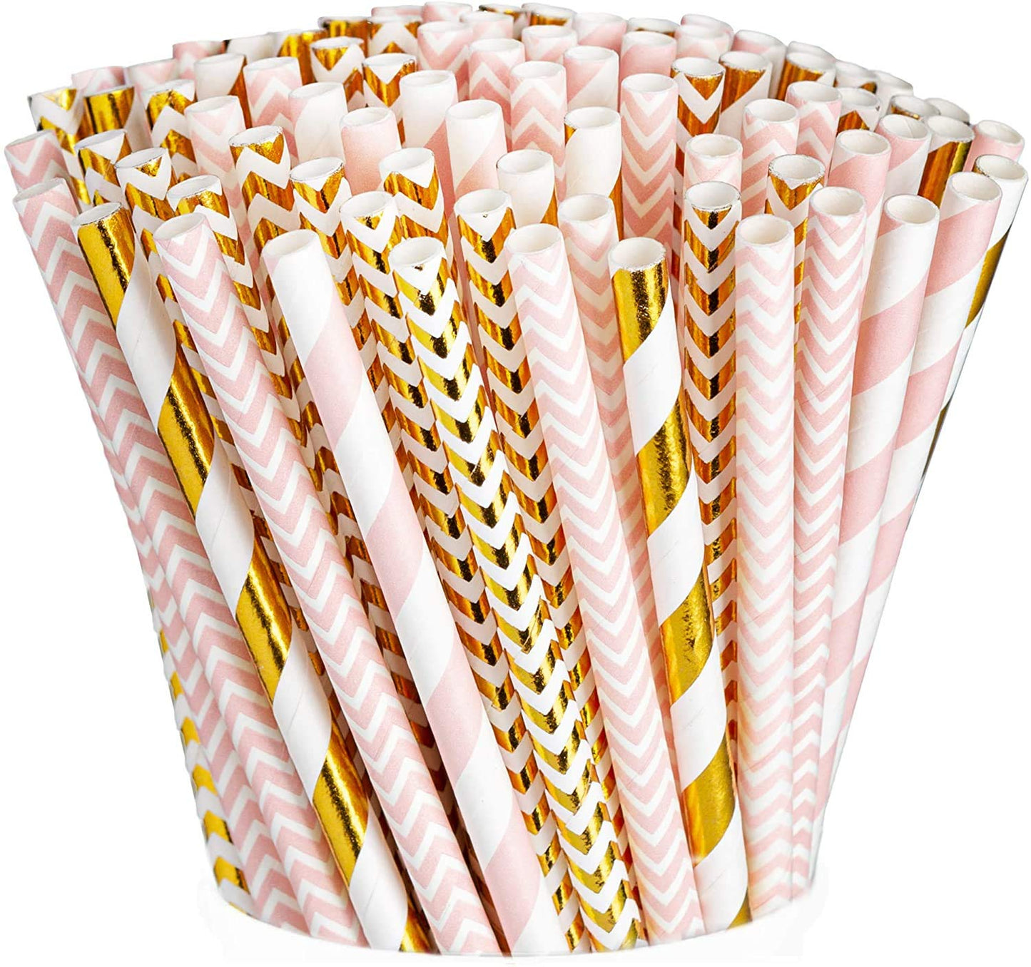 GUSTO [200 Pack] light Pink & Gold Paper Straws Disposable, 100% Biodegradable Multi-Pattern Party
