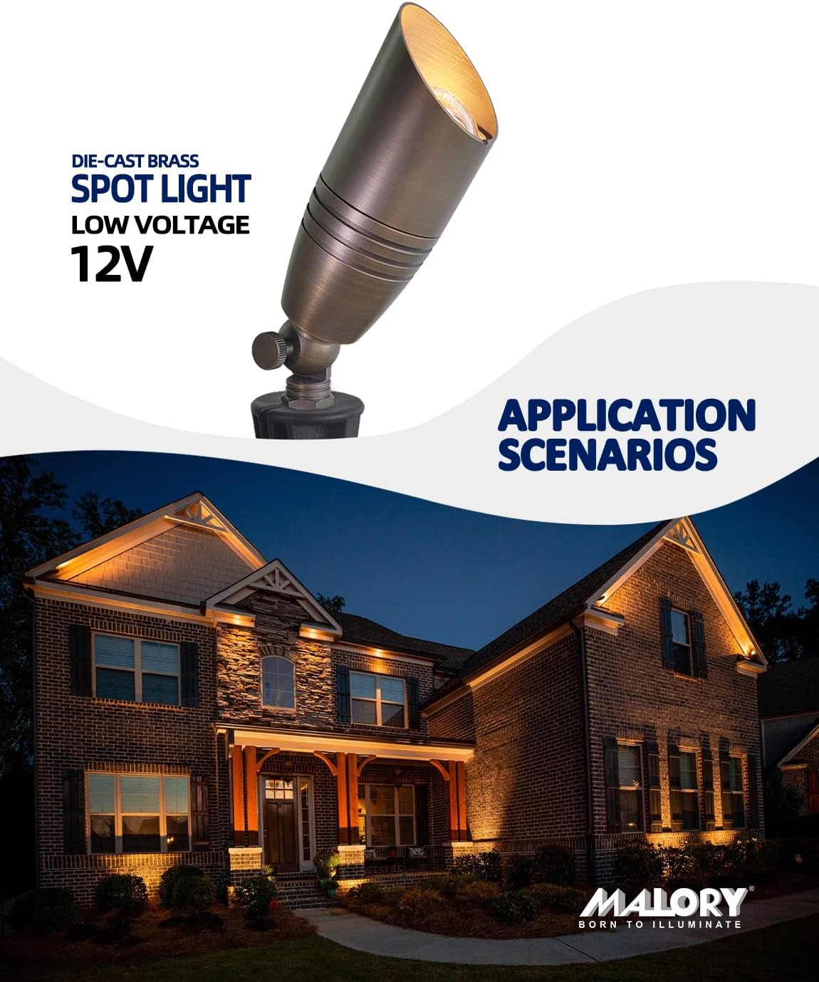 MALORY Brass Landscape Spotlights 10-Pack with Bulb Kit(S02), Low Voltage 12V AC/DC LED Outdoor Spot Uplights for House and Tree,PVC Ground Stake and Wire Connector Included, 5W 2700K Warm White