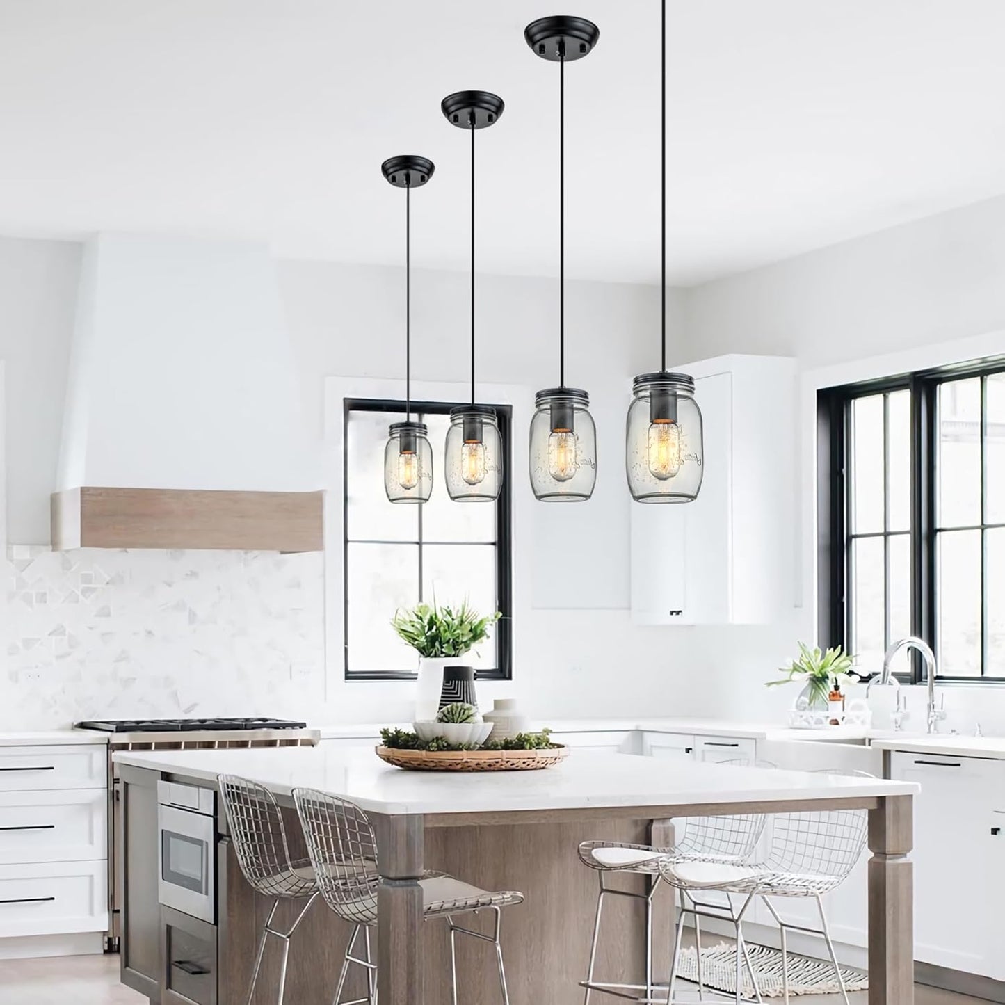 Kitchen Island Light, 1 Lights Adjustable Pendant Lighting, Glass Mason Jar Hanging Lamp(2 Pack)