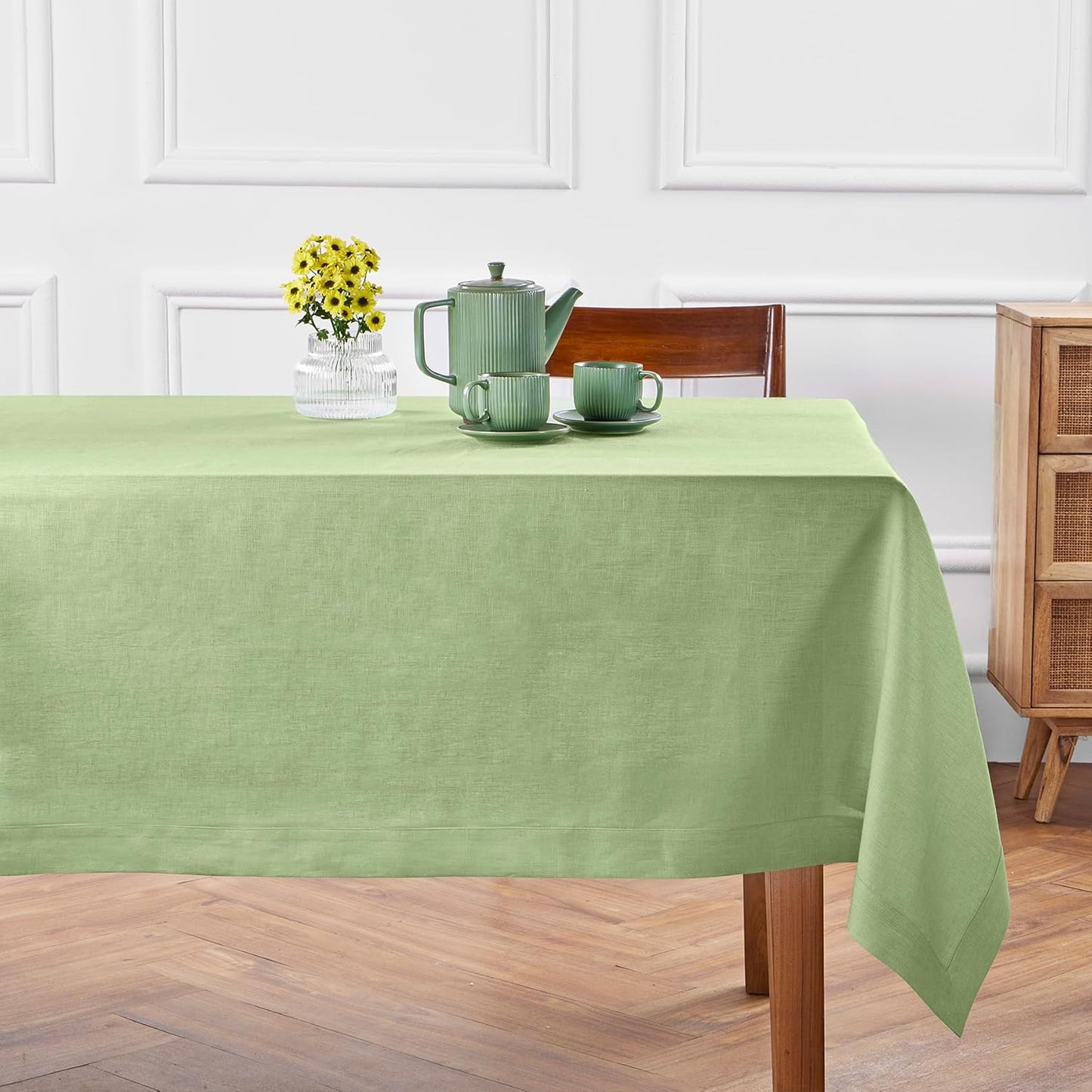 Solino Home Linen Tablecloth 52 x 52 Inch - 100% Pure Linen Laurel Green Square Tablecloth - Fete, Machine Washable Table Throw for Fall, Autumn, Thanksgiving