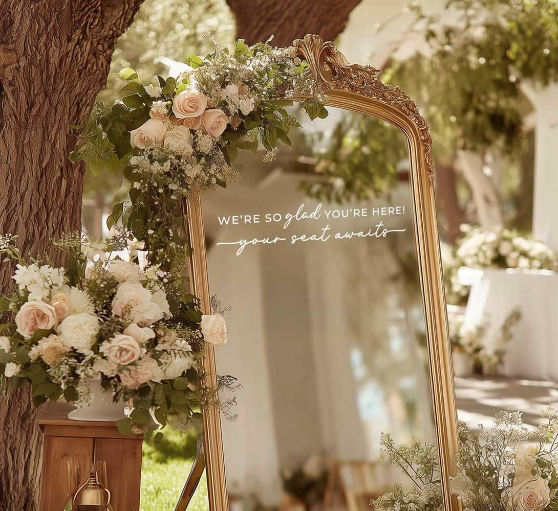 Wedding Sign Decal, Seating Chart Decal, Welcome Vinyl Wedding Mirror Decor, We're So Glad You're Here Seating Chart, Your Seat Awaits (White, Width 20 inch)