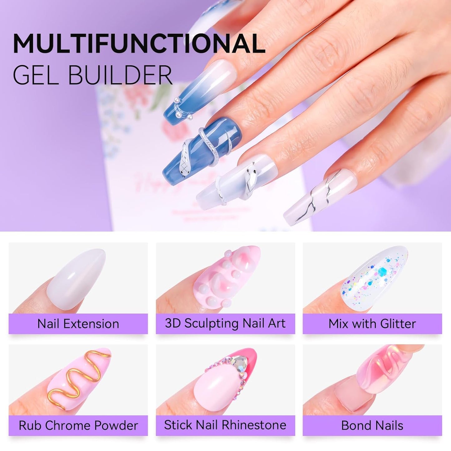 Makartt 3D Gel Nail Art for Nails Starter Kit: Clear and White for Extension Solid Gel Builder DIY Manicure, 3d Molding Hard Gels with Gold & Silver Chrome Powder Silicone Flower Molds Sculpture Brush