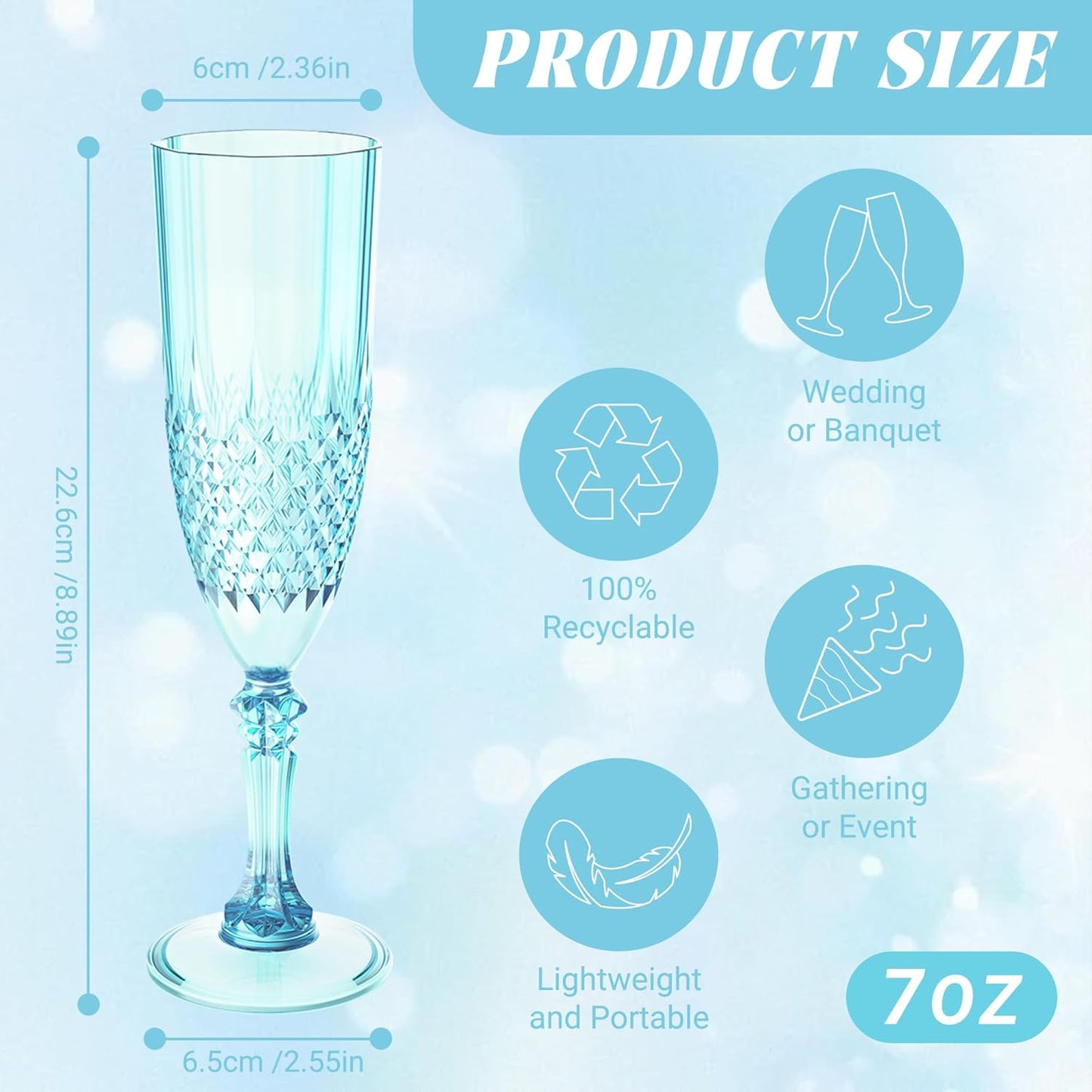 Plastic Champagne Flutes, 24PCS Light Cyan Wine Glasses Goblets Cups Reusable Flute, for Weddings Bachelor Parties Toasting and Events(24, Light Cyan)