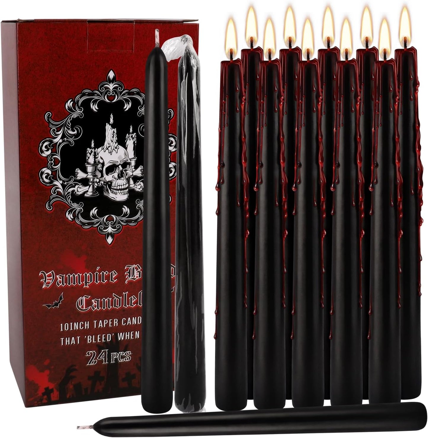 24 Pcs 10 Inch Vampire Blood Taper Candles Vampire Blood Candle, Ritual Spell Unscented Candle Halloween Spooky Decor for Haunted House, Gothic Theme Party.
