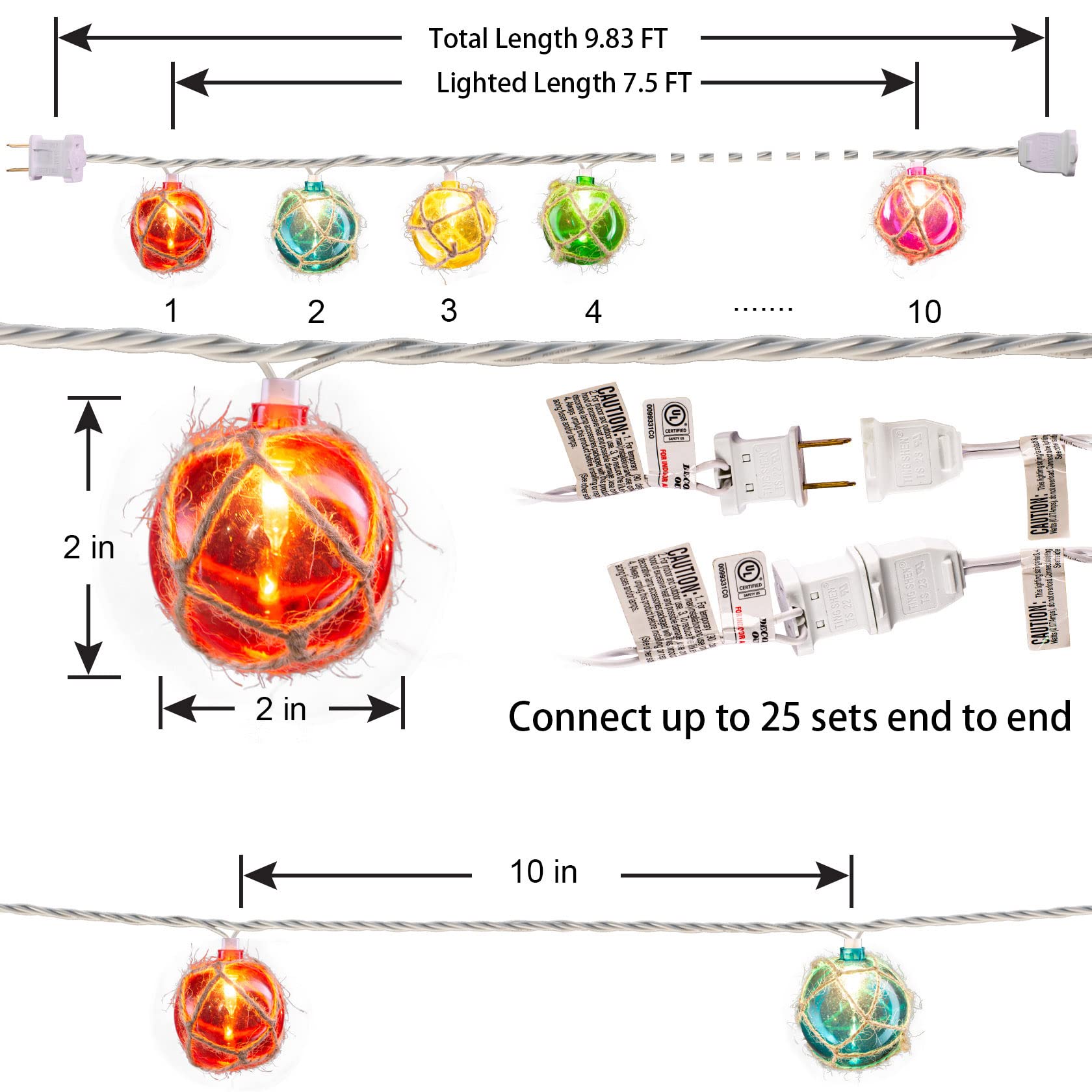 Brillarlights Nautical Fishing Float String Lights, Beach Themed Buoy Lights Set of 10 Multicolor