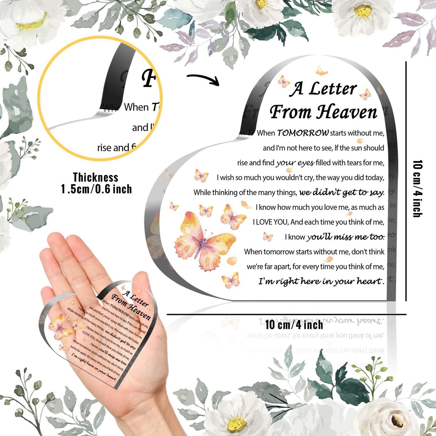 Sympathy Gifts - A Letter from Heaven- Memorial Gift for Loss of Mother Father Husband Son, Acrylic Heart Keepsake,Remembrance Sympathy Gifts 3.9 x 3.9 Inches Present（Butterfly）