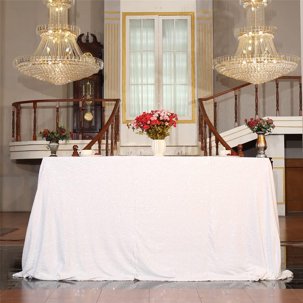 SquarePie Sequin Tablecloth 90 x 132 Inch White Sparkly Table Cloth for Wedding Party