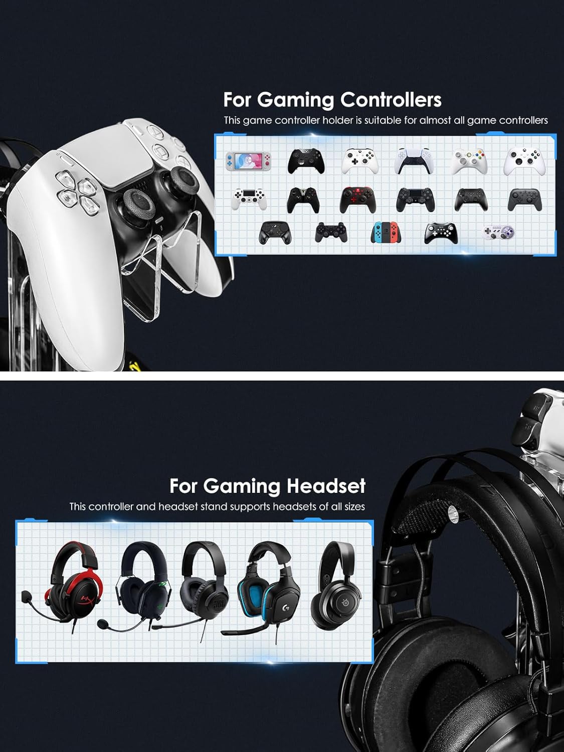 OAPRIRE Headset and Controller Stand, Space-Saving 2 Tier Game Controller Holder, Acrylic Controller and Headset Stand for Desktop, Universal Design Compatible with PS5/PS4/Xbox/Switch (Crystal Clear)