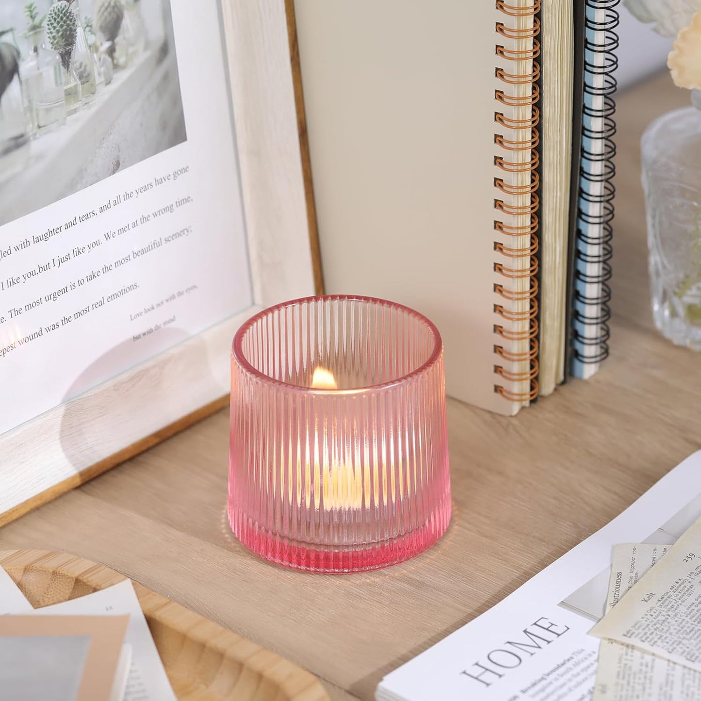 Pink Ribbed Tealight Votive Candle Holders Set of 10- Votive Candle Holders for Table Centerpiece, Tea Light Candle Holder Glass for Wedding and Home Decor, Blue Decor and Gifts