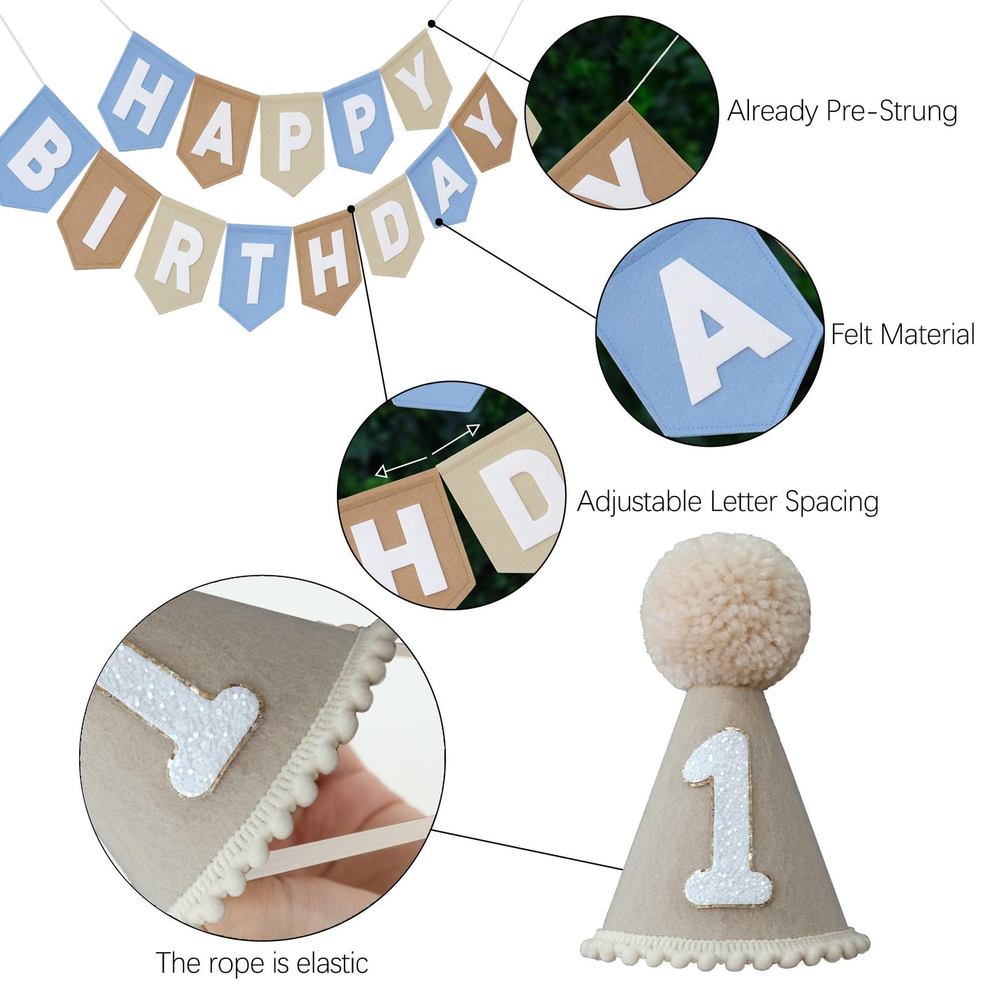 DCJHFJ First Birthday Decorations for Boy Felt Khaki Blue Happy Birthday High Chair Banner