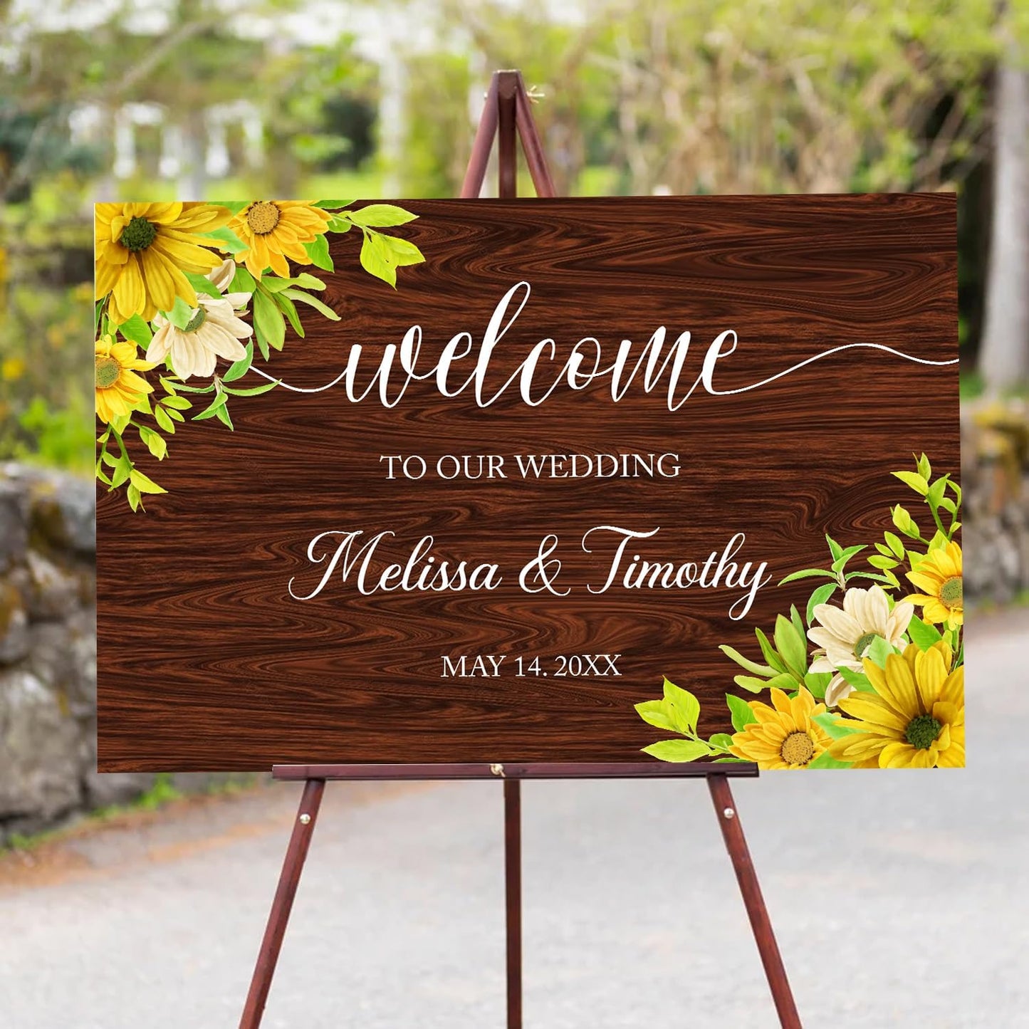 Rustic Sunflower Wedding Welcome Sign Template, Printable Wood-Inspired Welcome Sign with Watercolor Flowers for Ceremony or Reception Decoration