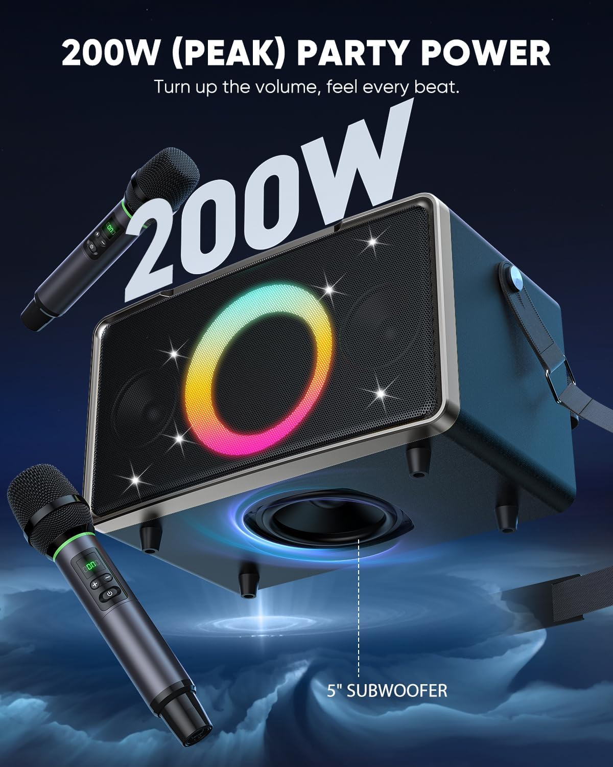 GFEEN Portable Bluetooth Speaker: 200W Peak, Deep Bass, 15H Playtime, Large Party Wireless Speakers, Powerful Loud Sound, Light Show, Fast Charging for Outdoor, Backyard, Home(Silver with 1Mic)