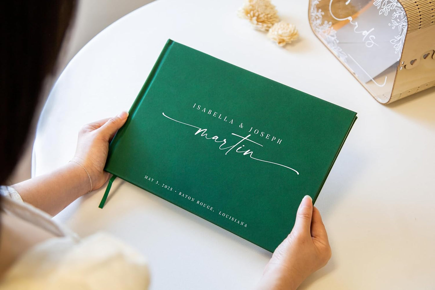 Personalized Guest Book - 11.5" x 8.5" Custom Bride & Groom Names with Bookmark and Hard Cover 140 GSM Blank Pages, for Weddings Guest Book, Engagements, Birthdays, Special Events, Emerald