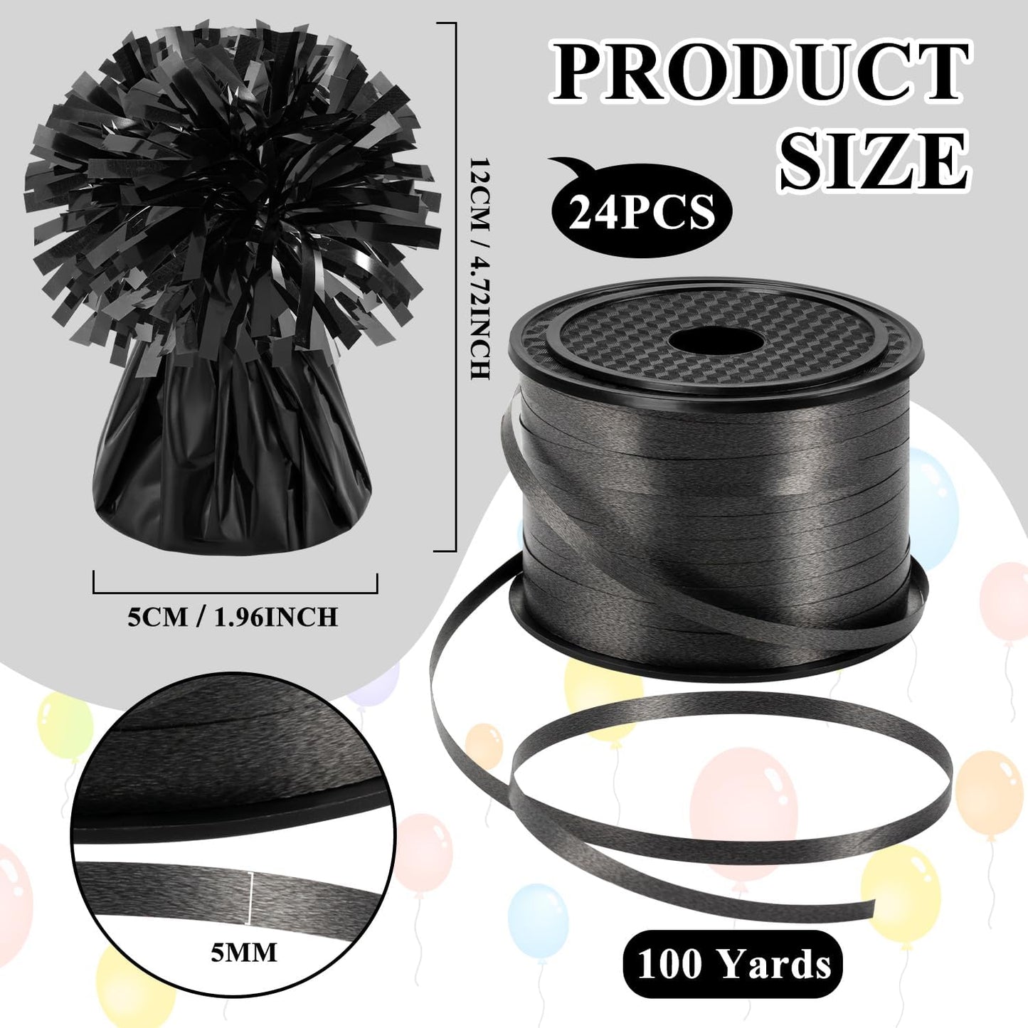 24 PCS Balloon Weights Metallic Anchor, Balloon Holder Heavy Weights with 1 Roll Black Crimped Ribbon for Balloons Table Party Favor Birthday Decor(Black)